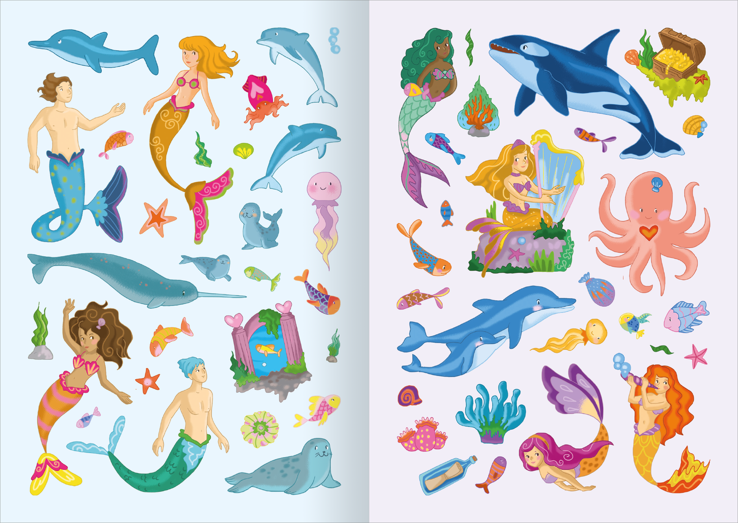Gezeigt wird eine Innen- oder Zusatzansicht von „MINI-Stickerheft – Meerjungfrauen“. Die Seite präsentiert eine farbenfrohe Ansammlung von Meerestieren und Figuren, darunter stilisierte Meerjungfrauen in lebendigen Farben wie Pink, Blau und Gelb. Verschiedene maritime Elemente wie Delphine, Wale, Quallen und Korallen sind in kreativen Posen platziert. Die Illustrationen zeichnen sich durch klare Linien und eine fröhliche, verspielte Typografie aus, die die maritime Stimmung...