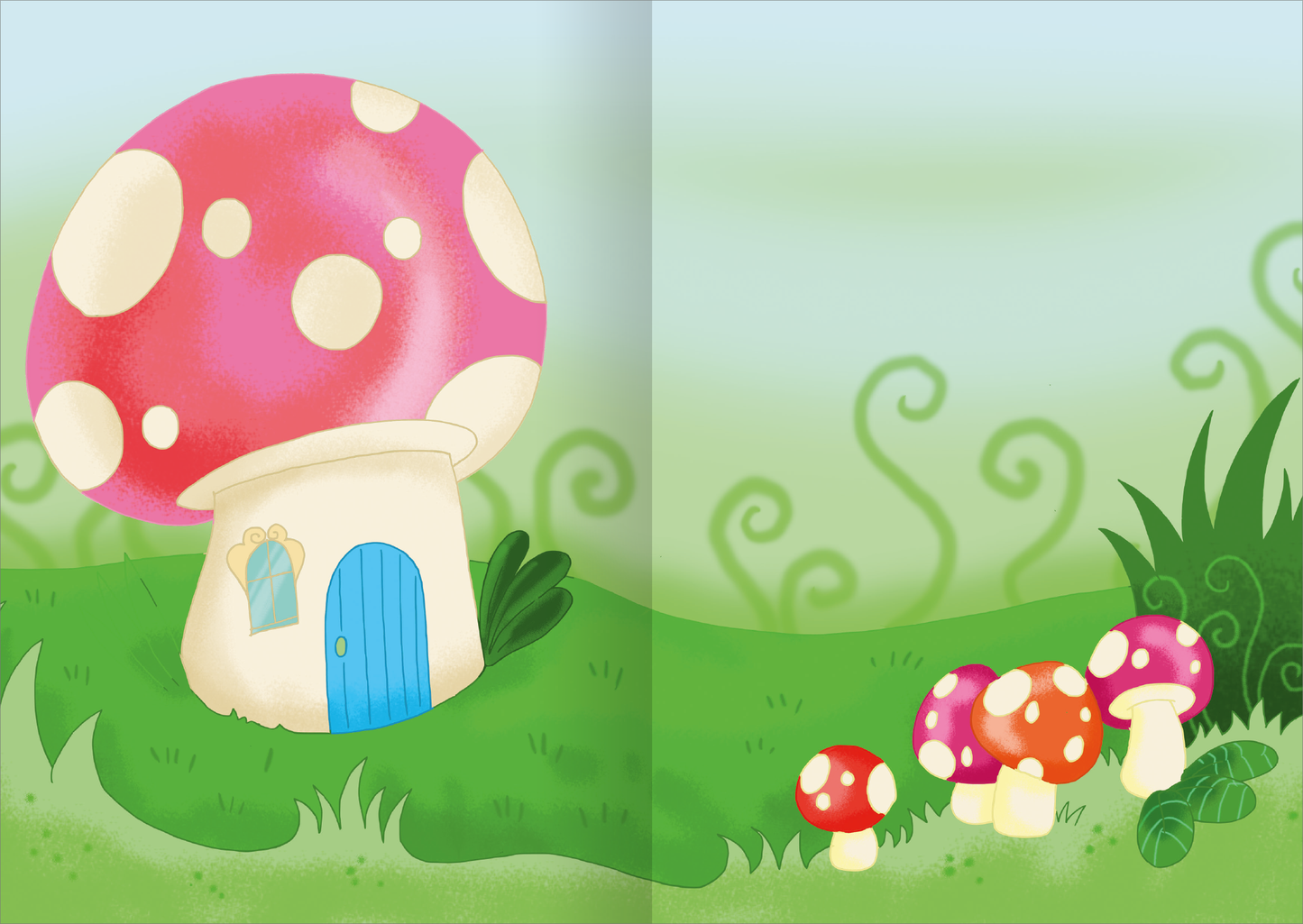 Gezeigt wird eine Innen- oder Zusatzansicht von „MINI-Stickerheft – Feen“. Die Illustration zeigt ein fantasievolles Baumhaus in Form eines großen, rosa Schwammes mit weißen Punkten. Das Eingangstor ist turquois und die Fenster schlicht gehalten. Im Vordergrund sind mehrere bunte Pilze in Rot- und Rosatönen abgebildet, die im satten Grün der Wiese stehen. Der Hintergrund ist hellgrün mit schwungvollen, geschwungenen Linien, die einen märchenhaften Eindruck vermitteln.