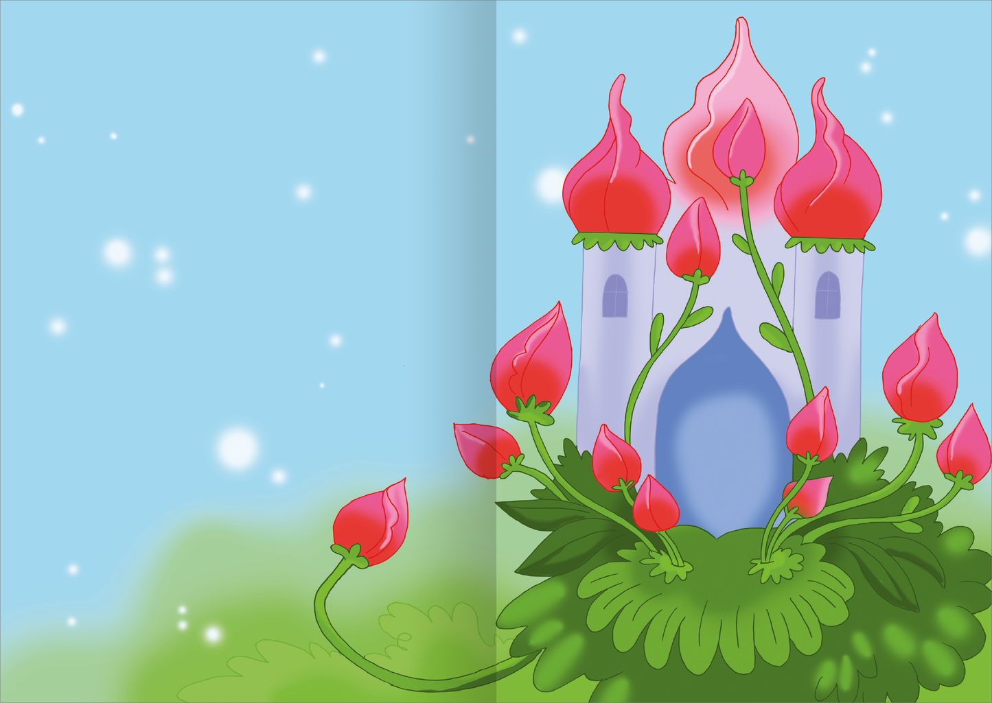 Gezeigt wird eine Innen- oder Zusatzansicht von „MINI-Stickerheft – Feen“. Die Illustration zeigt eine zauberhafte Burg mit pinken, glühenden Türmchen, umgeben von lebendig grünen Pflanzen. Die sanften Pastelltöne des Hintergrunds ergänzen die verspielten Details, während die Burg durch ihren hellblauen Eingang einen magischen Eindruck vermittelt. Die Typografie ist kindgerecht und einladend gestaltet, was die fantasievolle Atmosphäre unterstützt.