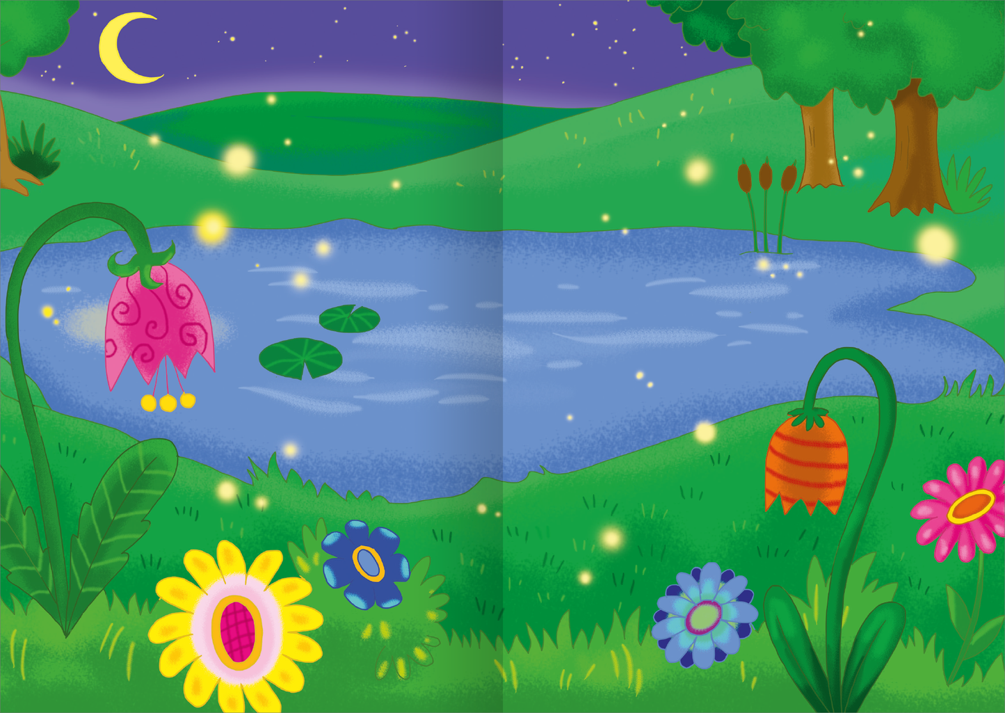Gezeigt wird eine Innen- oder Zusatzansicht von „MINI-Stickerheft – Feen“. Die Illustration zeigt eine zauberhafte Landschaft unter einem nachtblauen Himmel mit funkelnden Sternen. Ein ruhiger Teich spiegelt die Farben der Natur wider. Um den Teich blühen bunte Blumen in Gelb, Pink und Blau. Ergänzend sind grüne Pflanzen und Bäume zu sehen. Der Einsatz sanfter Farben schafft eine verträumte, märchenhafte Atmosphäre, die die Fantasie anregt.