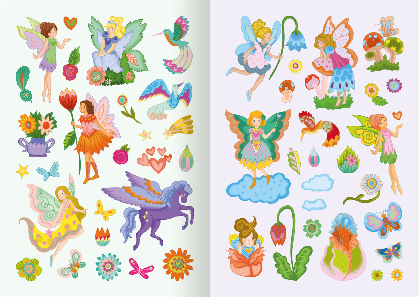 Gezeigt wird eine Innen- oder Zusatzansicht von „MINI-Stickerheft – Feen“. Die Seite präsentiert bunte Illustrationen von Feen in verschiedenen Posen, umgeben von floralen Motiven, Herzen und weiteren fantastischen Elementen. Die Farben sind lebhaft, insbesondere in zarten Pastelltönen wie Rosa, Blau und Grün. Die Typografie ist verspielt und freundlich, ergänzt durch gezeichnete Details wie Blumen, Schmetterlinge und ein lila Pferd, das eine märchenhafte Atmosphäre schafft.