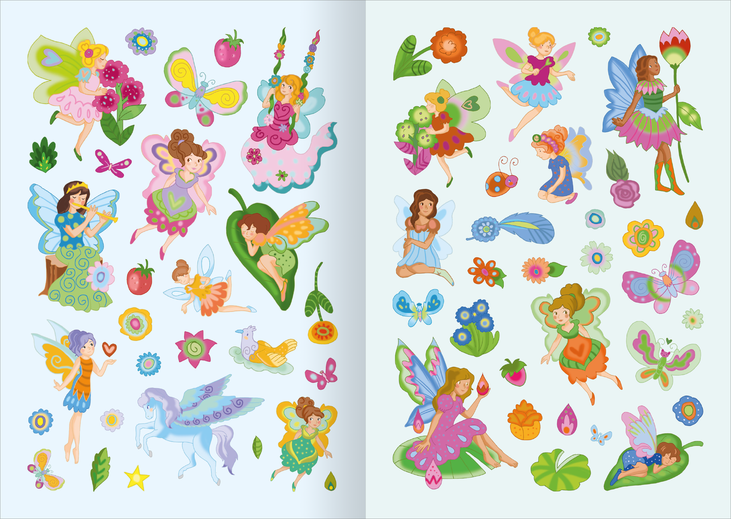 Gezeigt wird eine Innen- oder Zusatzansicht von „MINI-Stickerheft – Feen“. Die Seite präsentiert eine Vielzahl bunter, fröhlicher Feen mit Flügeln in verschiedenen Farbtönen, umgeben von floralen Motiven, Schmetterlingen und weiteren fantasievollen Elementen. Die dominierenden Farben sind Pastelltöne wie Rosa, Blau, Grün und Gelb. Die Schrift ist freundlich und verspielt gestaltet, passend zur märchenhaften Thematik des Produkts.