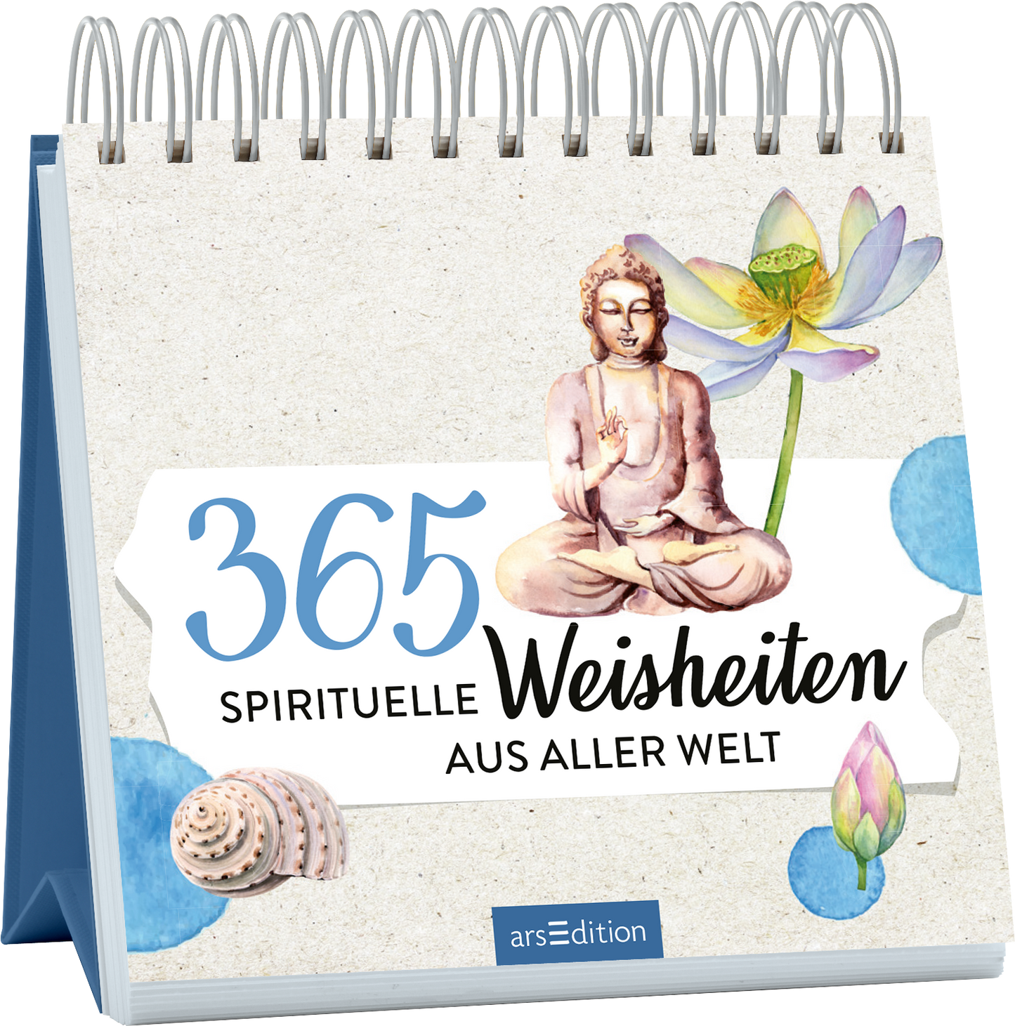 Das Buchcover zeigt einen aufgeschlagenen Spiralblock mit einer Textur, die an Naturpapier erinnert. Die zentrale Illustration zeigt eine Buddha-Figur in meditativer Haltung, umgeben von zarten, farbigen Blüten und Muscheln. Der Titel „365 Spirituelle Weisheiten aus aller Welt“ ist in einer Mischung aus verspielter Schriftart und klaren, modernen Buchstaben in Blau und Schwarz gestaltet. Das Cover strahlt eine ruhige und inspirierende Atmosphäre aus. Ganz unten mittig steht der...
