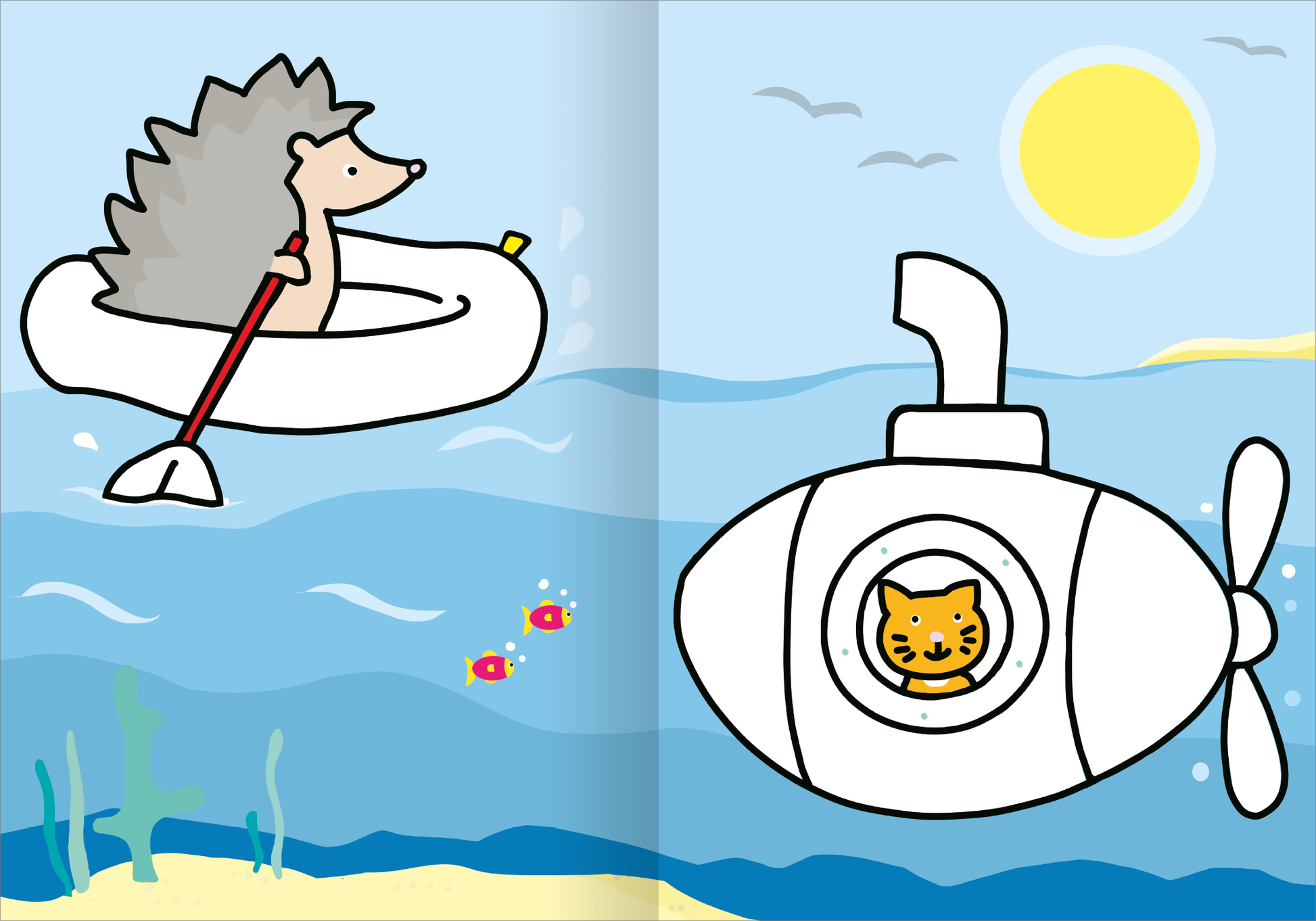 Gezeigt wird eine Innen- oder Zusatzansicht von „Mein superdickes Malbuch ab 2“. Die Doppelseite zeigt einen lustigen Igel in einem Boot, der mit einem Paddel das Wasser erkundet. Auf der rechten Seite befindet sich ein einfach gestaltetes U-Boot mit einer Katze im Fenster. Die Farben sind hell und ansprechend, mit verschiedenen Blau- und Gelbtönen, die einen freundlichen, maritimen Hintergrund schaffen. Die Illustrationen sind klar, mit dicken Umrissen, um das Ausmalen zu erleichtern.