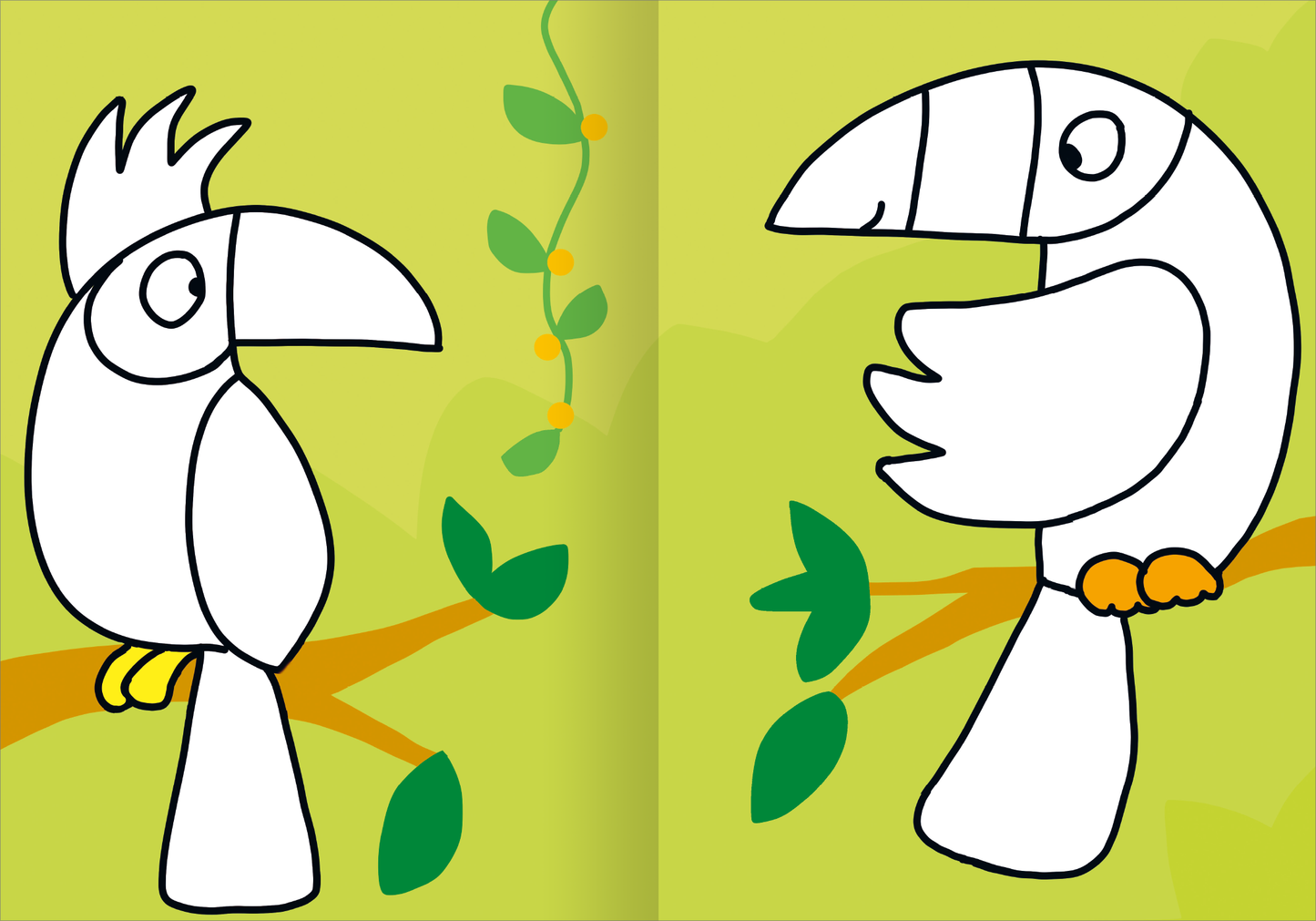 Gezeigt wird eine Innen- oder Zusatzansicht von „Mein superdickes Malbuch ab 2“. Die Seiten präsentieren zwei gezeichnete Vögel auf einem grünen Hintergrund. Der linke Vogel hat eine weiße Körperfarbe mit gelben Füßen und einer aufrechten Haube, während der rechte Vogel eine abgerundete Form im oberen Bereich aufweist und orangefarbene Füße hat. Um die Vögel herum sind grüne Blätter und eine stilisierte Ranke in Gelb und Grün angeordnet, die das Bild lebhaft und einladend...