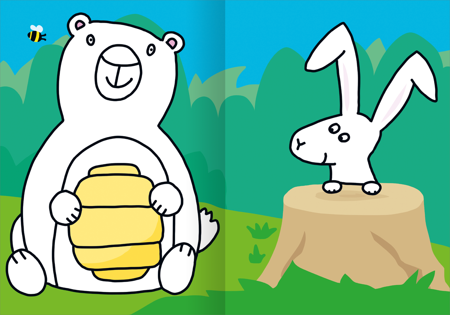 Gezeigt wird eine Innen- oder Zusatzansicht von „Mein superdickes Malbuch ab 2“. Die Doppelseite zeigt einen fröhlichen Bären, der einen gelben Honigtopf hält, auf der linken Seite. Rechts sitzt ein neugieriger, weißer Hase auf einem Baumstumpf. Der Hintergrund ist leuchtend blau mit grünen, stilisierten Bäumen. Die klaren, einfachen Konturen und die bunten Farben laden zum Ausmalen ein. Die Typografie ist groß und kindgerecht.