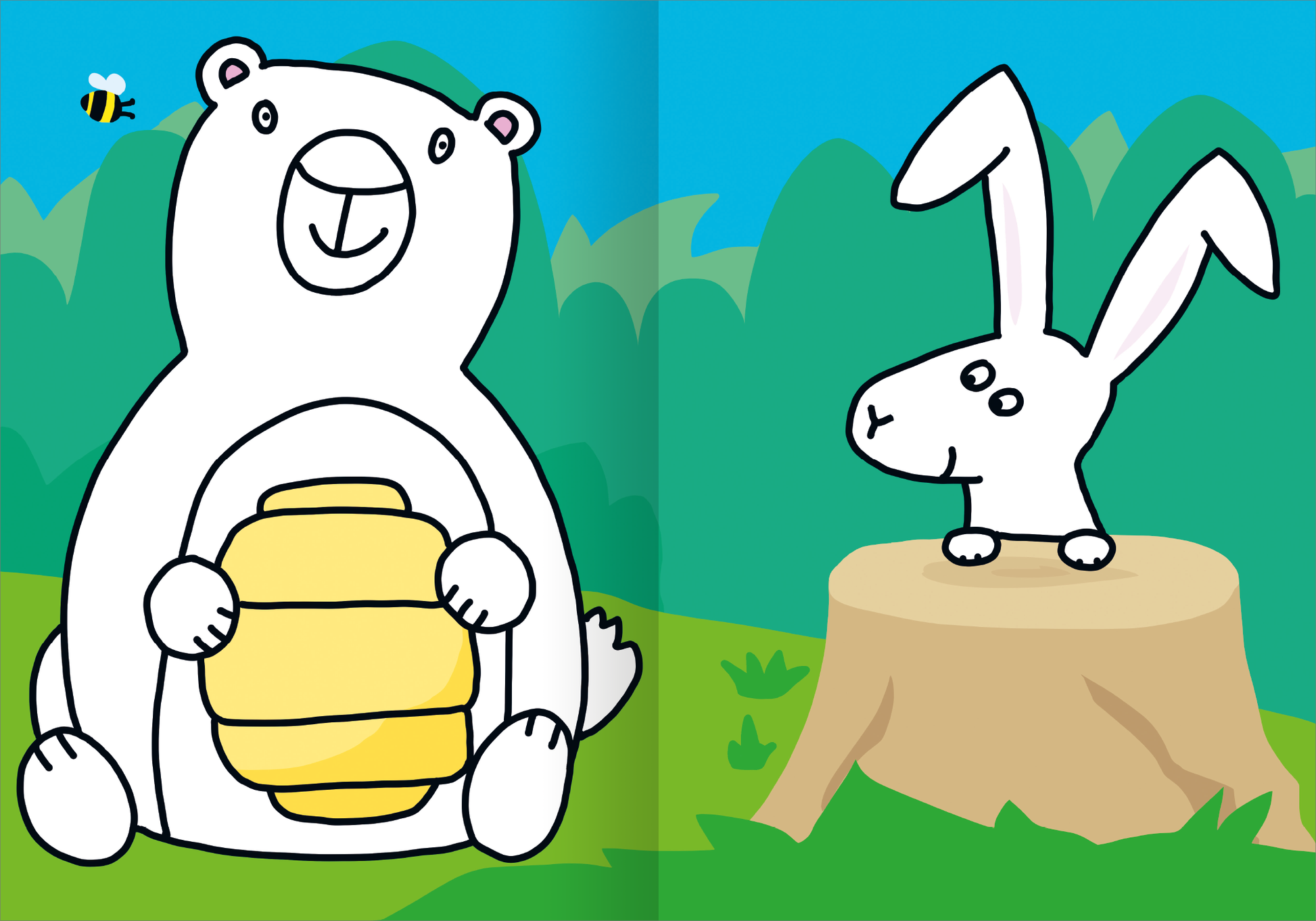 Gezeigt wird eine Innen- oder Zusatzansicht von „Mein superdickes Malbuch ab 2“. Die Doppelseite zeigt einen fröhlichen Bären, der einen gelben Honigtopf hält, auf der linken Seite. Rechts sitzt ein neugieriger, weißer Hase auf einem Baumstumpf. Der Hintergrund ist leuchtend blau mit grünen, stilisierten Bäumen. Die klaren, einfachen Konturen und die bunten Farben laden zum Ausmalen ein. Die Typografie ist groß und kindgerecht.