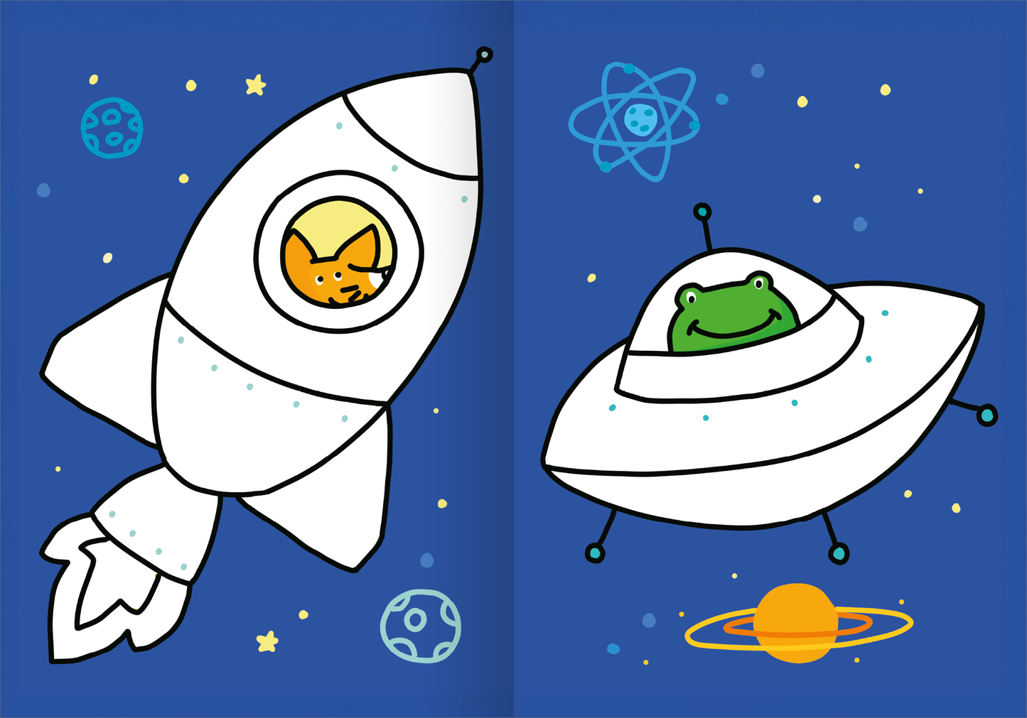 Gezeigt wird eine Innen- oder Zusatzansicht von „Mein superdickes Malbuch ab 2“. Die Seite zeigt einen leuchtend blauen Hintergrund mit zwei cartoonhaften Raumschiffen. Links ist ein weißes Raumschiff mit einem lächelnden orangefarbenen Hund im Fenster, rechts ein ovales Raumschiff mit einem fröhlichen grünen Frosch. Um die Raumschiffe schwirren bunte Planeten und Sterne, zusätzlich sind wissenschaftliche Symbole wie Atome dargestellt. Die einfache, klare Illustration verwendet...