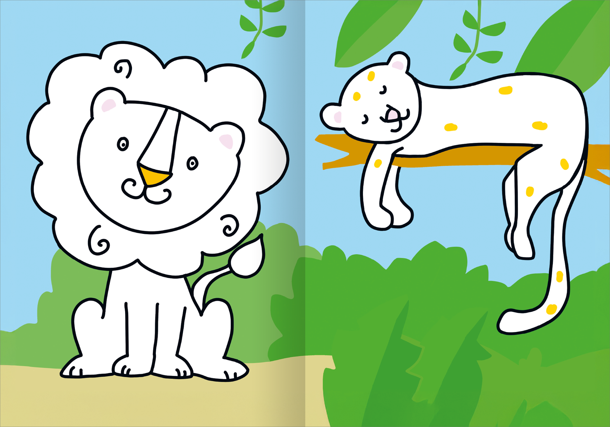 Gezeigt wird eine Innen- oder Zusatzansicht von „Mein superdickes Malbuch ab 2“. Die Abbildung zeigt eine humorvolle Darstellung eines Löwen mit einer großen, runden Mähne links und eines liegenden Leoparden rechts. Beide Tiere sind in sanften Pastellfarben gehalten, die die Umgebung in einem hellen Blau und verschiedenen Grüntönen betonen. Die Konturen sind klar und dick, was die kinderfreundliche Gestaltung unterstreicht. Der freundliche Ausdruck der Tiere fördert die...