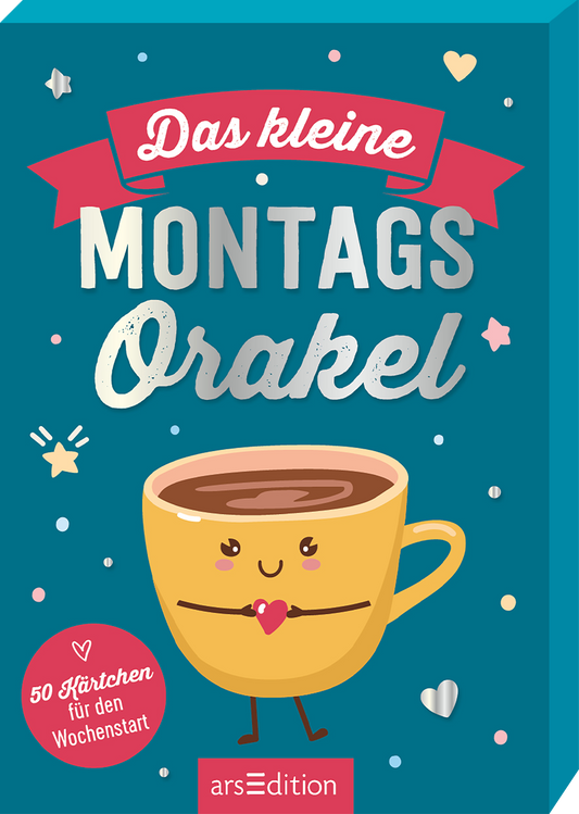 Das Cover zeigt einen hellblauen Hintergrund, auf dem ein lächelnder Kaffeebecher in Gelb mit einem Herzen in der Mitte platziert ist. Über dem Becher steht in verspielter Schrift „Das kleine“ in Rot, und darunter „Montags Orakel“ in Weiß, wobei das Wort „Orakel“ besonders hervorgehoben ist. Um den Becher sind bunte Sterne und kleine Herzen verteilt. In der linken unteren Ecke befindet sich der Hinweis „50 Kärtchen für den Wochenstart“. Ganz unten mittig steht der...