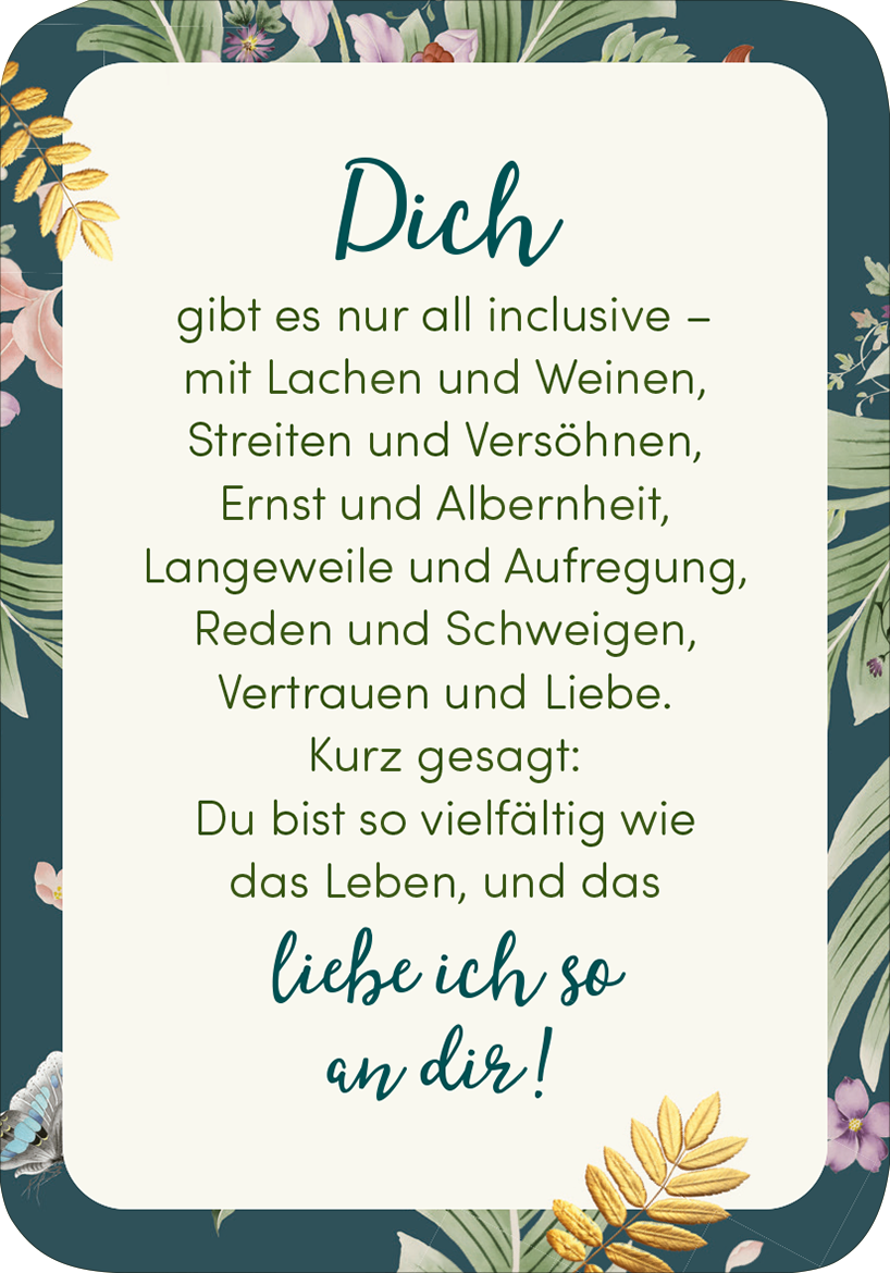 Gezeigt wird eine Innen- oder Zusatzansicht von „Weil du eine wundervolle Frau bist!“ Die Gestaltung umfasst einen blauen Rand mit floralen Elementen in sanften Farben. Der zentral platzierte Text ist in einer eleganten, geschwungenen Schriftart gehalten und vermittelt eine persönliche Botschaft über Vielseitigkeit und Liebe. Der Kontrast zwischen dem Hintergrund und der Schrift sorgt für eine gute Lesbarkeit, während die floralen Motive eine harmonische Atmosphäre schaffen.
