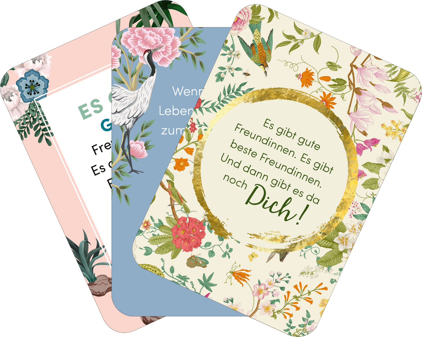 Gezeigt wird eine Innen- oder Zusatzansicht von „Weil du eine wundervolle Frau bist!“. Die Ansicht zeigt drei Karten mit unterschiedlichen Designs und Farben. Die linke Karte ist hellrosa mit floralem Muster, während die mittlere Karte in sanftem Blau gehalten ist und eine stilisierte Darstellung eines Schwans zeigt. Die rechte Karte hebt sich durch ein helles, blumiges Muster mit einem goldenen Kranz ab, der den Text „Es gibt gute Freundinnen. Es gibt beste Freundinnen. Und dann gibt es...