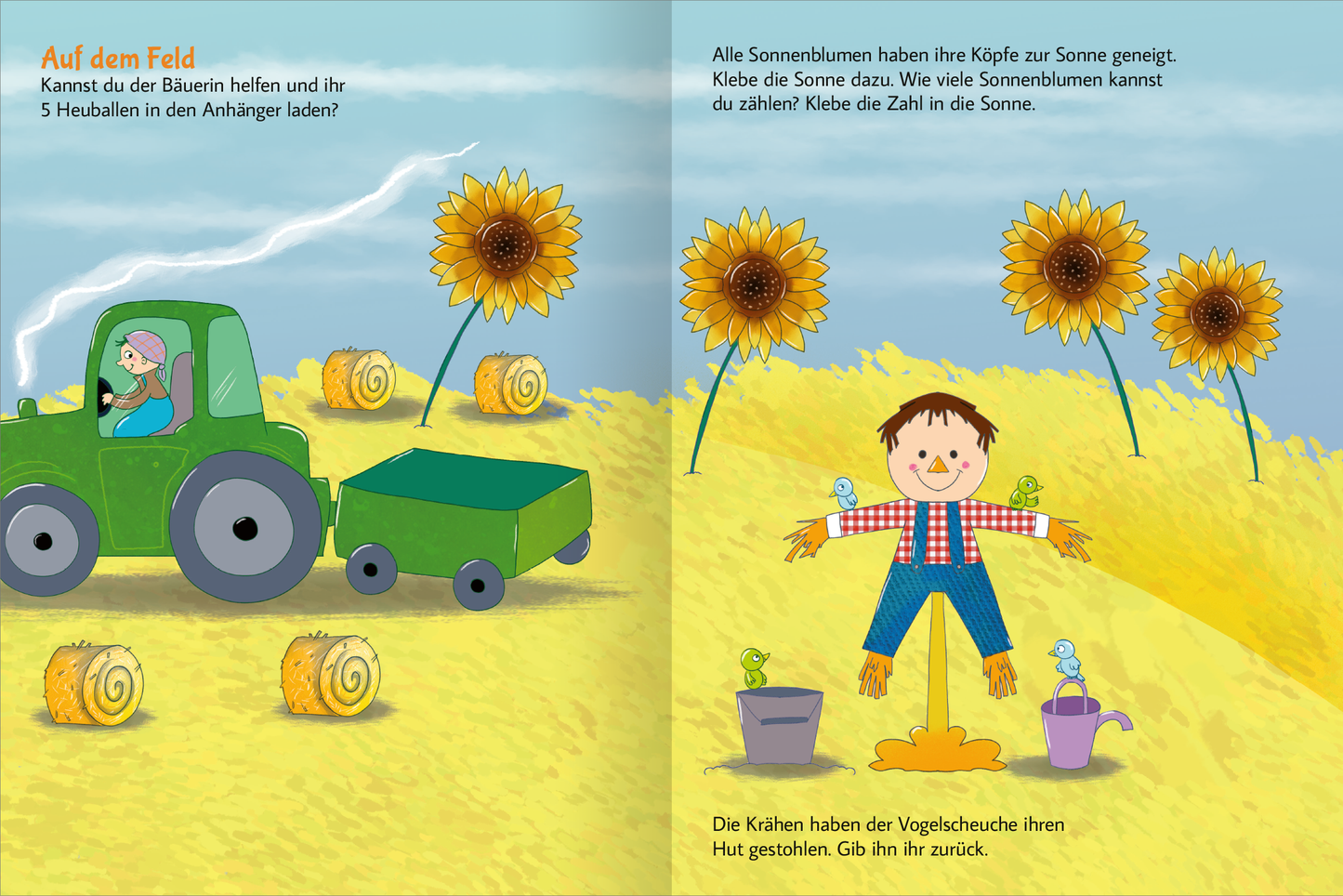 Gezeigt wird eine Innen- oder Zusatzansicht von „Stickern und Rätseln – Bauernhof“. Die farbenfrohe Illustration zeigt einen grünen Traktor, der Heuballen transportiert. Auf der linken Seite sind Sonnenblumen dargestellt, die ihren Kopf zur Sonne neigen. Ein fröhlicher Junge in karierter Bluse steht rechts, umgeben von Vögeln und einer Töpfen mit Blumen. Die klare, kindgerechte Typografie lädt zum Mitmachen ein und gliedert sich harmonisch in die bunte Landschaft.