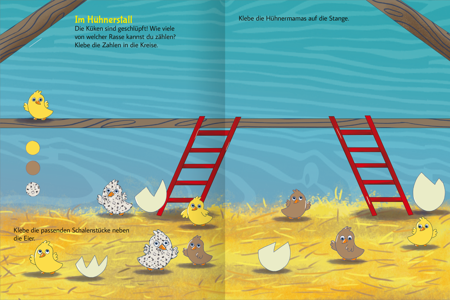 Gezeigt wird eine Innen- oder Zusatzansicht von „Stickern und Rätseln – Bauernhof“. Die farbenfrohe Illustration zeigt einen Hühnerstall mit einer Holzleiter und verschiedenen Hühnern, die in einem strohgefüllten Boden sitzen. Die Farben variieren von sanften Gelbtönen der Küken bis zu einem hellen Blau der Wand. Oben sind Fragen geschrieben, und es sind bunte Zahlen und Formen abgebildet, die zum Einfügen von Stickern einladen.
