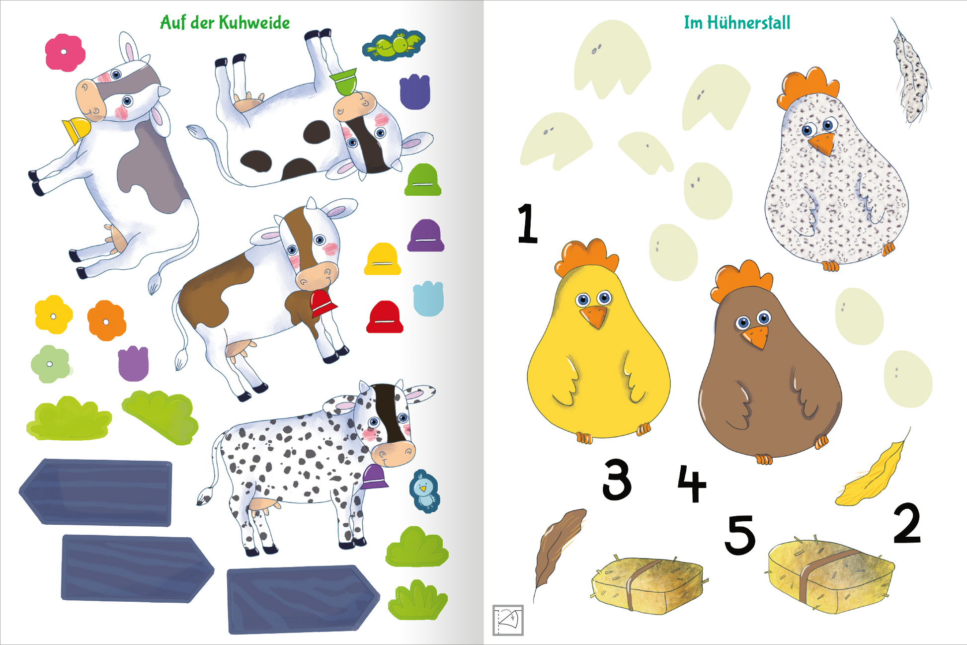 Gezeigt wird eine Innen- oder Zusatzansicht von „Stickern und Rätseln – Bauernhof“. Die Seite zeigt eine bunte Ansammlung von Aufklebern mit verschiedenen Tieren, darunter niedliche Kühe und Hühner. Die Farben sind lebhaft, überwiegend in Gelb, Braun, Weiß und Blau, mit zusätzlich bunten Elementen wie Blüten und Pflanzen. Die Typografie ist kindgerecht und fröhlich gestaltet, mit klaren, gut lesbaren Schriftzügen, die die einzelnen Motive betiteln.