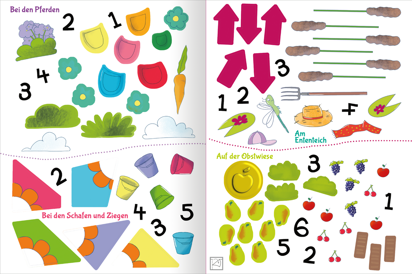 Gezeigt wird eine Innen- oder Zusatzansicht von „Stickern und Rätseln – Bauernhof“. Die Seite präsentiert bunte Illustrationen von Tieren und Pflanzen, darunter grüne Wiesen, bunte Blüten und landwirtschaftliche Werkzeuge. Die Farben sind lebendig und einladend, mit dominierenden Tönen von Grün, Gelb und Pink. Die Schrift ist kindgerecht, ebenso die Anordnung der Motive, die zum Spielen und Rätseln einladen. Zahlreiche nummerierte Sticker sind übersichtlich angeordnet.