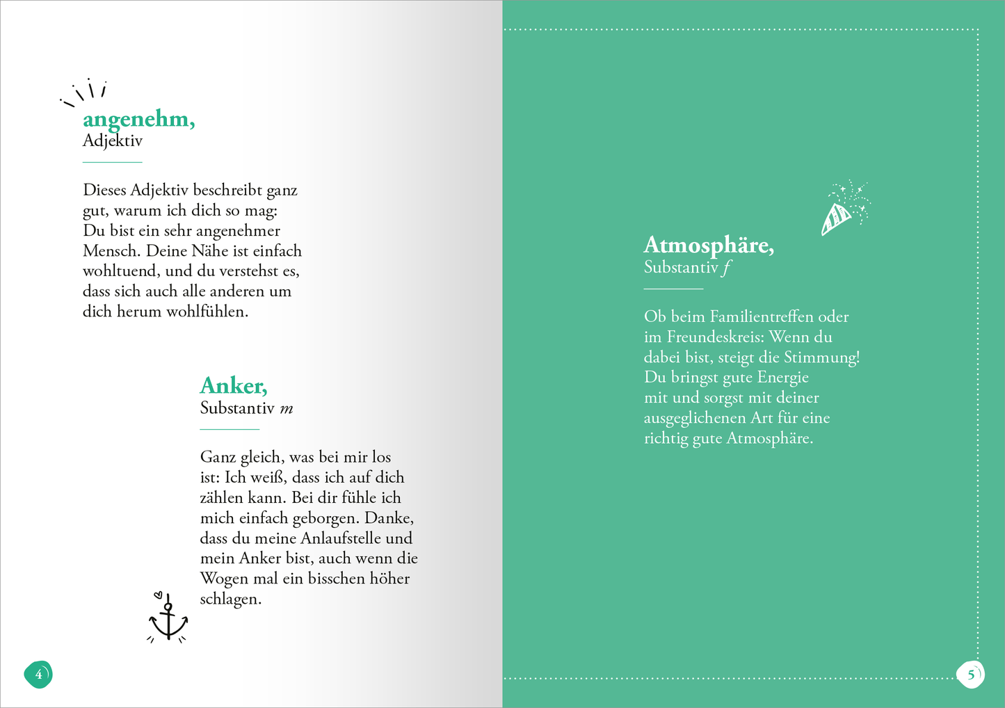 Gezeigt wird eine Innen- oder Zusatzansicht von „Lieblingsmensch (Substantiv, m)“. Die Seite präsentiert zwei Definitionen mit den Begriffen „angenehm“ und „Anker“ links sowie „Atmosphäre“ rechts. Die Überschriften sind in einer klaren, modernen Schriftart gehalten, während die Texte in einer leserfreundlichen Schrift ausgeführt sind. Die Linksseite ist in einem hellen Grauton gestaltet, die rechte Seite in einem ansprechenden Türkis. Grafische Elemente, wie kleine Icons,...