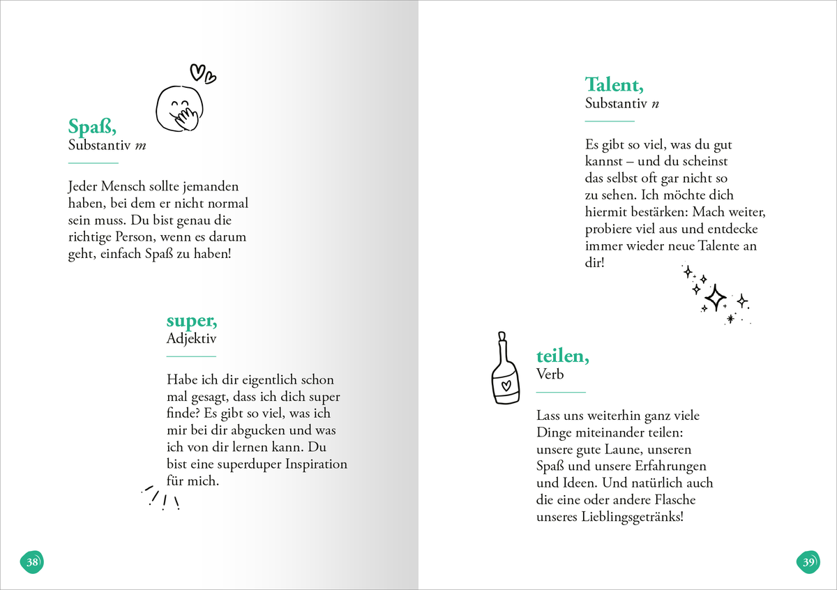 Gezeigt wird eine Innenansicht von „Lieblingsmensch (Substantiv, m)“. Die Seite zeigt zwei Spalten mit Texten in einer klaren, gut lesbaren Schriftart. In oberen Bereichen sind die Begriffe „Spaß“, „super“, „Talent“ und „teilen“ hervorgehoben. Die Farben sind überwiegend sanftes Grün und Schwarz, ergänzt von handgezeichneten Illustrationen wie einem Herz und einem Bottlesymbol. Die Anordnung der Elemente sorgt für eine ansprechende und übersichtliche Gestaltung.