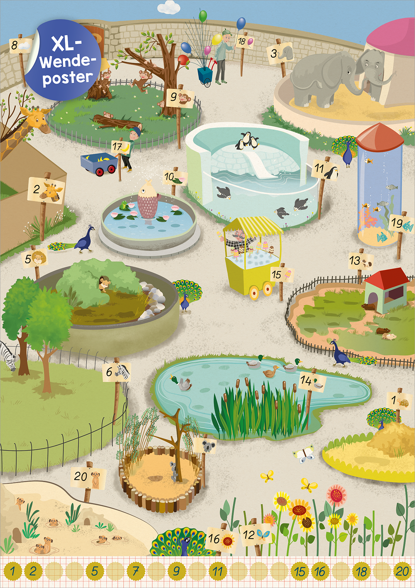 Gezeigt wird eine Innen- oder Zusatzansicht von „Schulstart-Sticker-Poster Buchstaben und Zahlen“. Das Bild zeigt eine kinderfreundliche, farbenfrohe Tier- und Pflanzenwelt mit verschiedenen Szenen, wie einem Schwimmbecken, einem Tierhaus und einem Teich. Verspielt gestaltete Tiere, wie Elefanten und Vögel, sind in lebhaften Farben abgebildet. Die Typografie besteht aus großen, klaren Zahlen und bunten Buchstaben, die für eine spielerische Interaktion anregen.