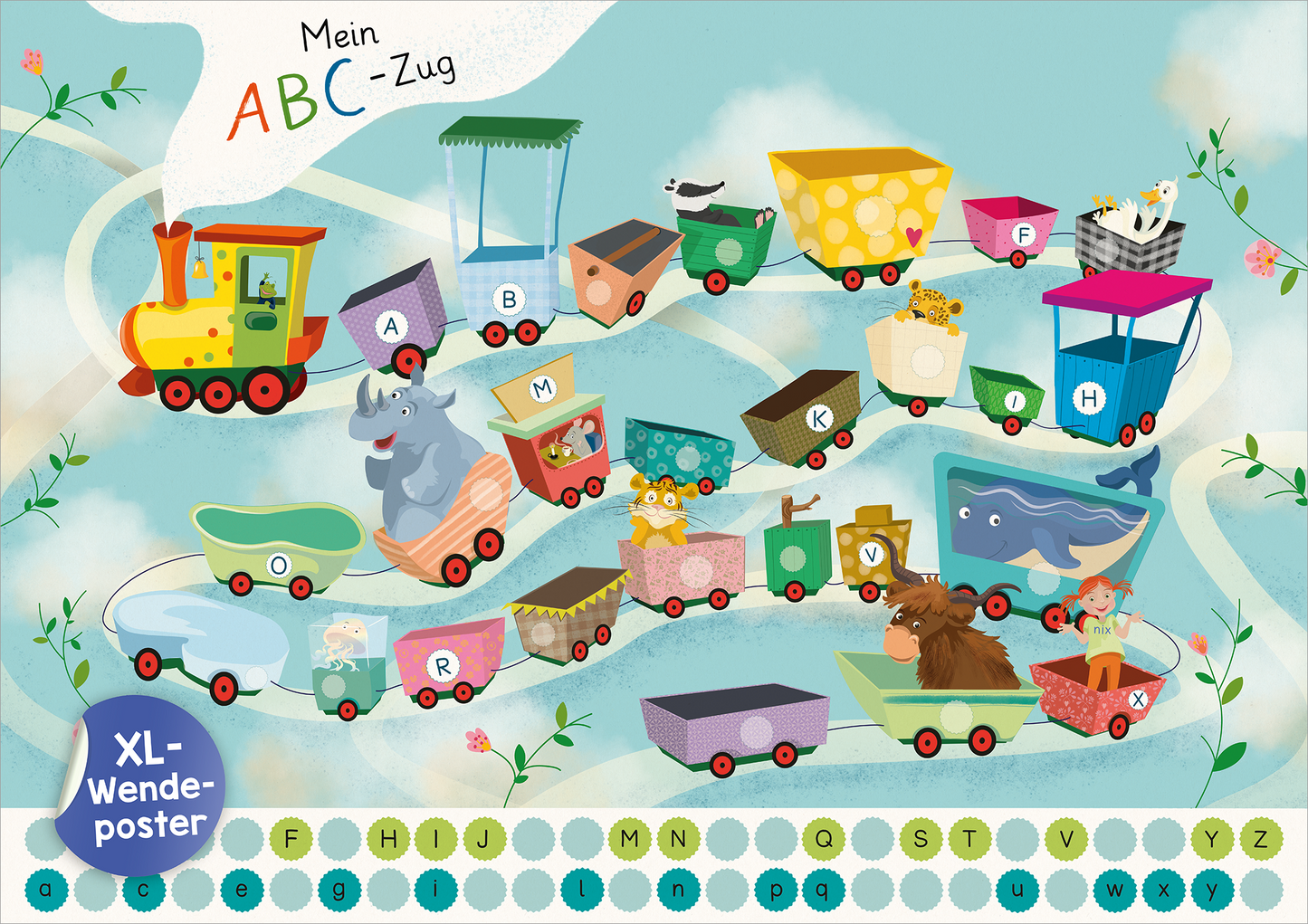 Gezeigt wird eine Innen- oder Zusatzansicht von „Schulstart-Sticker-Poster Buchstaben und Zahlen“. Das Bild präsentiert einen bunten ABC-Zug, der über einen hellblauen Hintergrund fährt. Jeder Waggon ist farbenfroh gestaltet und enthält verschiedene Tiere und Gegenstände. Oben links steht in einer verspielten Schrift „Mein ABC-Zug“. Alphabetisch angeordnete Buchstaben sind am unteren Rand angeordnet. Die Gesamtkomposition ist freundlich und einladend, ideal für Kinder.
