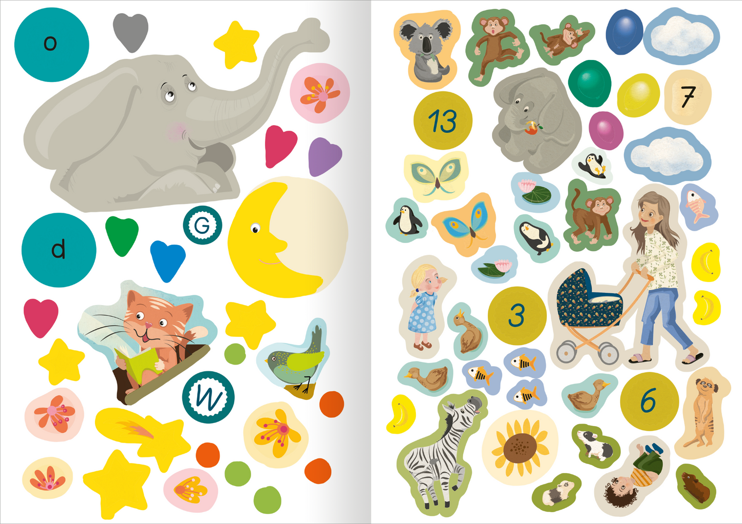 Gezeigt wird eine Innen- oder Zusatzansicht von „Schulstart-Sticker-Poster Buchstaben und Zahlen“. Die Ansicht zeigt eine bunte Ansammlung von Aufklebern, unter anderem Tiere wie einen Elefanten und einen Koala, sowie Zahlen und Buchstaben. Die Farben sind lebhaft und vielfältig, darunter Gelb, Grün und Rot. Die Typografie ist verspielt und kindgerecht gestaltet. Um die Sticker herum befinden sich auch verschiedene Blumen und Sterne, die ein fröhliches und ansprechendes Gesamtbild...