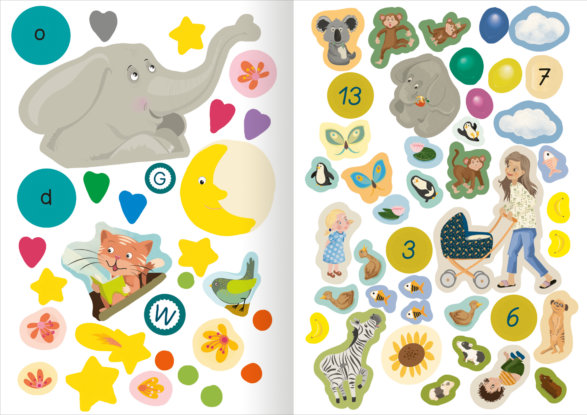 Gezeigt wird eine Innen- oder Zusatzansicht von „Schulstart-Sticker-Poster Buchstaben und Zahlen“. Die Ansicht zeigt eine bunte Ansammlung von Aufklebern, unter anderem Tiere wie einen Elefanten und einen Koala, sowie Zahlen und Buchstaben. Die Farben sind lebhaft und vielfältig, darunter Gelb, Grün und Rot. Die Typografie ist verspielt und kindgerecht gestaltet. Um die Sticker herum befinden sich auch verschiedene Blumen und Sterne, die ein fröhliches und ansprechendes Gesamtbild...