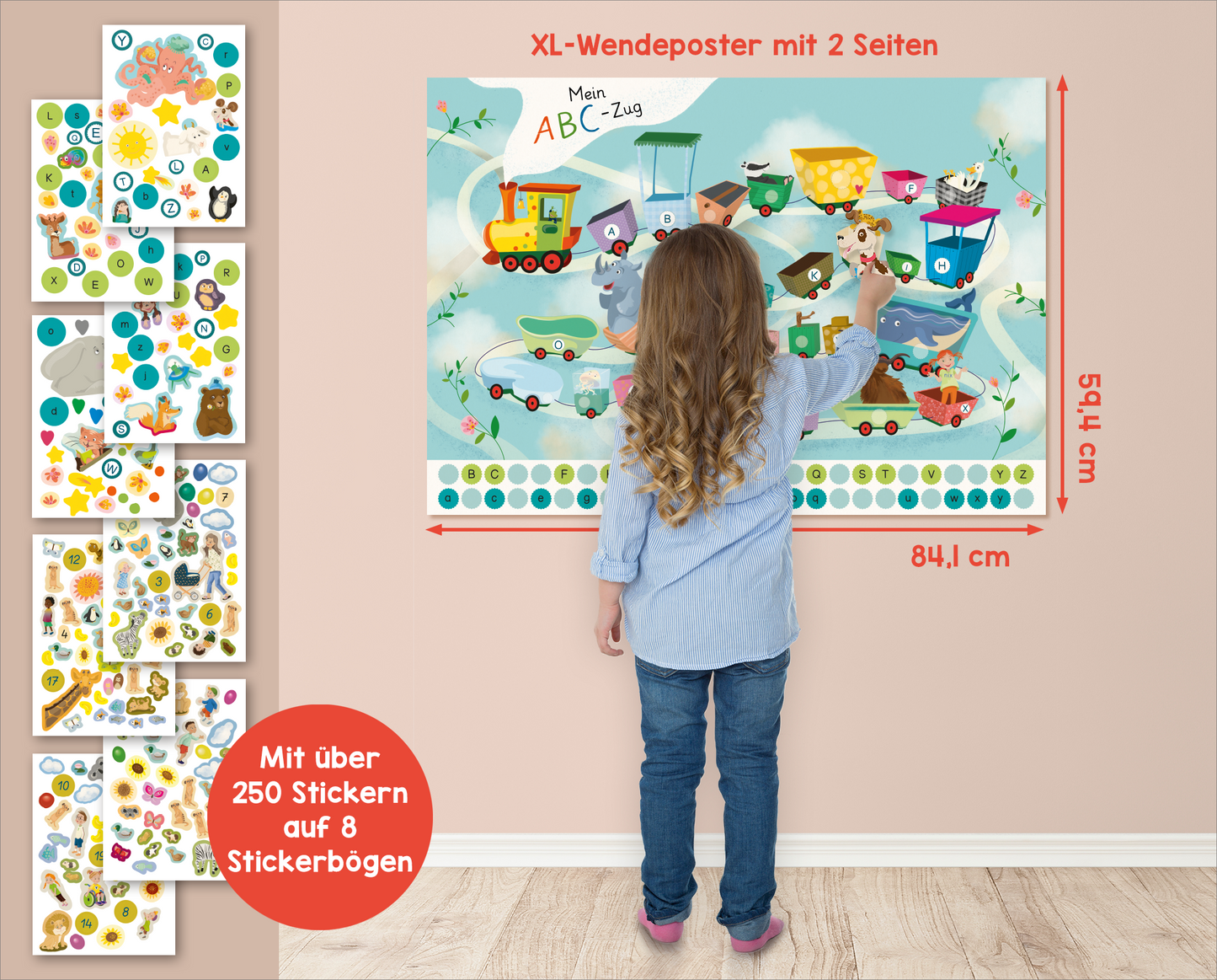 Gezeigt wird eine Innen- oder Zusatzansicht von „Schulstart-Sticker-Poster Buchstaben und Zahlen“. Das Poster zeigt eine farbenfrohe Illustration eines ABC-Zugs, der durch eine fantasievolle Landschaft fährt. Scheinbar fröhliche Tiere und bunte Waggons sind prominent dargestellt. Der Hintergrund ist in sanften Pastelltönen gehalten, während der Titel „Mein ABC-Zug“ in gut lesbarer, verspielter Schriftart oben steht. Um das Poster herum sind Stickerbögen mit über 250 verschiedenen...