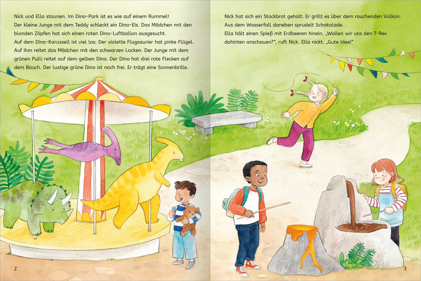 Gezeigt wird eine Innen- oder Zusatzansicht von „Mit Stickern Lesen lernen – Abenteuer im Dino-Park“. Die Doppelseite zeigt eine lebendige Szene im Dino-Park mit bunten Dinosauriern in verschiedenen Farben, darunter Gelb, Lila und Grün. Kinder interagieren spielerisch, während ein Karussell im Hintergrund sichtbar ist. Die Typografie ist kindgerecht und farbenfroh, und die Illustrationen sind ansprechend und detailreich, um die Fantasie der jungen Leser zu fördern.