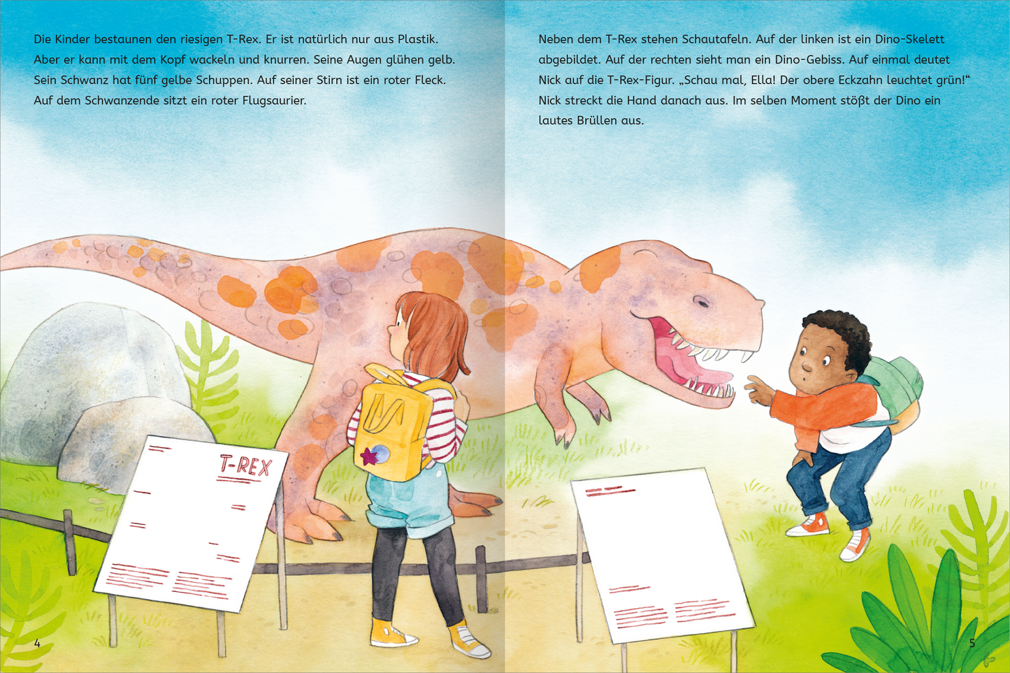 Gezeigt wird eine Innen- oder Zusatzansicht von „Mit Stickern Lesen lernen – Abenteuer im Dino-Park“. Die Seite zeigt zwei Kinder, die fasziniert vor einem T-Rex stehen, der in sanften, warmen Farben dargestellt ist. Der Hintergrund ist grün und zeigt dschungelartige Pflanzen. Die Typografie ist kindgerecht und farbenfroh, mit großen, klaren Buchstaben auf den Schautafeln. Die Charaktere sind lebhaft und tragen Rucksäcke, was den Entdeckergeist unterstreicht.