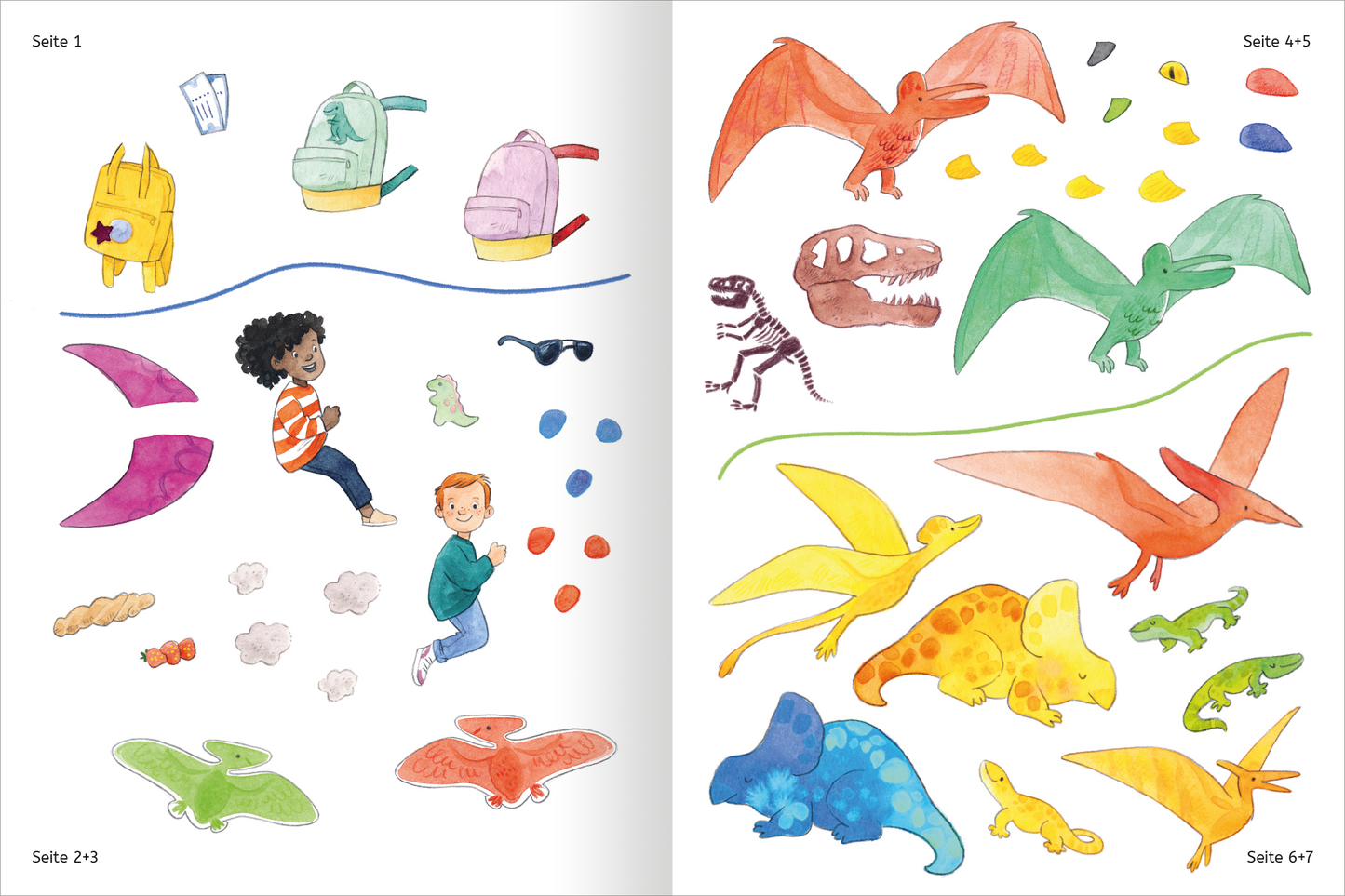Gezeigt wird eine Innen- oder Zusatzansicht von „Mit Stickern Lesen lernen – Abenteuer im Dino-Park“. Die Doppelseite zeigt lebendige Illustrationen mit kindlichen Charakteren, die in bunt gestalteten Szenen agieren. Auf der linken Seite sind verschiedene Sticker, darunter Dinosaurier und Spielzeuge, sowie zwei Kinder, ein Junge mit roten Haaren und ein Mädchen mit lockigem, schwarzem Haar, abgebildet. Die Farben sind kräftig und einladend, und die Typografie der Seitenzahlen ist klar...