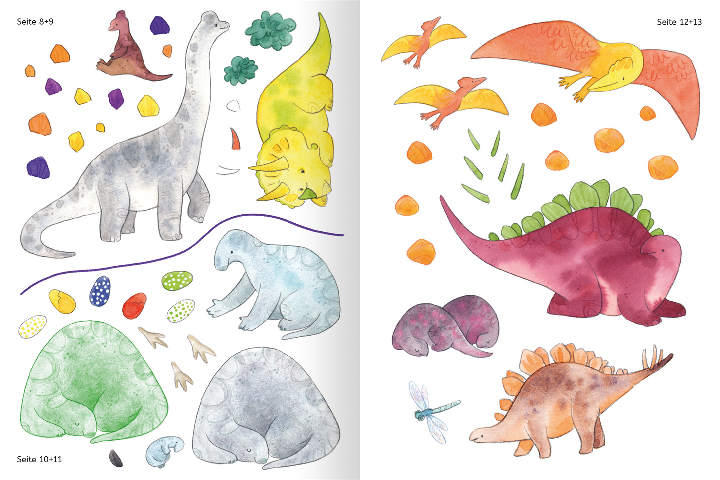 Gezeigt wird eine Innen- oder Zusatzansicht von „Mit Stickern Lesen lernen – Abenteuer im Dino-Park“. Auf der linken Seite sind verschiedene Dinosaurier-Sticker in sanften Farben wie Blau, Grün, Gelb und Lila abgebildet, umgeben von bunten Steinen. Die rechte Seite zeigt lebhafte, rot und orangefarbene Dinosaurier, sowie grüne Pflanzen und Insekten, die die typografische Vielfalt der Illustrationen unterstreichen. Die Gestaltung ist kinderfreundlich und ansprechend.