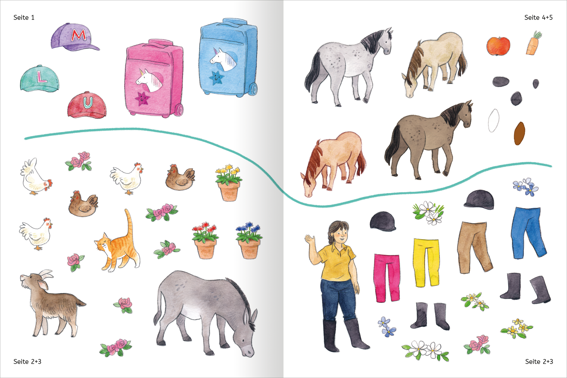 Gezeigt wird eine Innenansicht von „Mit Stickern Lesen lernen – Ferien auf dem Reiterhof“. Die Seiten sind hell und freundlich gestaltet, mit bunten Illustrationen von Koffern, Pferden, Tieren und Pflanzen. Auf der linken Seite sind verschiedene Sticker wie Hüte und Blumen in sanften Farben abgebildet. Auf der rechten Seite sind eine Person in gelbem Shirt und Reitbekleidung sowie weitere Requisiten wie Helme und Stiefel zu sehen. Die Typografie ist klar und gut lesbar.
