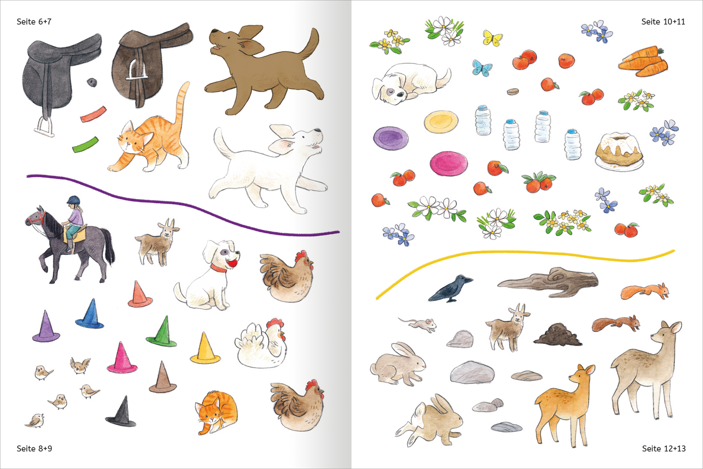 Gezeigt wird eine Innen- oder Zusatzansicht von „Mit Stickern Lesen lernen – Ferien auf dem Reiterhof“. Die Seite präsentiert bunte, kindgerechte Illustrationen von Tieren und Gegenständen, darunter Katzen, Hunde, Hühner und verschiedene Utensilien wie Reitgurte und Karotten. Die Farben sind lebhaft, mit einem Mix aus Rottönen, Gelb, Blau und Lila. Die Typografie ist klar und freundlich, was die Zielgruppe anspricht und die Anschaulichkeit fördert.