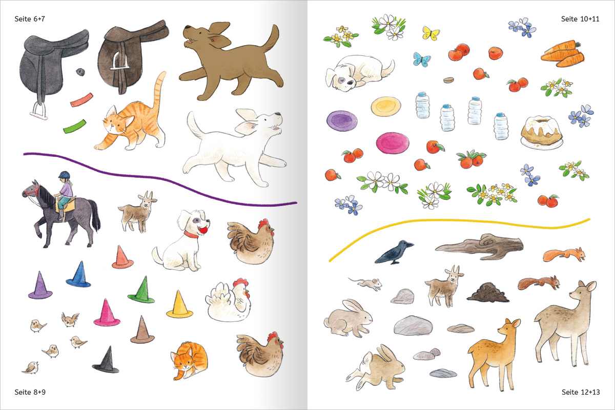 Gezeigt wird eine Innen- oder Zusatzansicht von „Mit Stickern Lesen lernen – Ferien auf dem Reiterhof“. Die Seite präsentiert bunte, kindgerechte Illustrationen von Tieren und Gegenständen, darunter Katzen, Hunde, Hühner und verschiedene Utensilien wie Reitgurte und Karotten. Die Farben sind lebhaft, mit einem Mix aus Rottönen, Gelb, Blau und Lila. Die Typografie ist klar und freundlich, was die Zielgruppe anspricht und die Anschaulichkeit fördert.