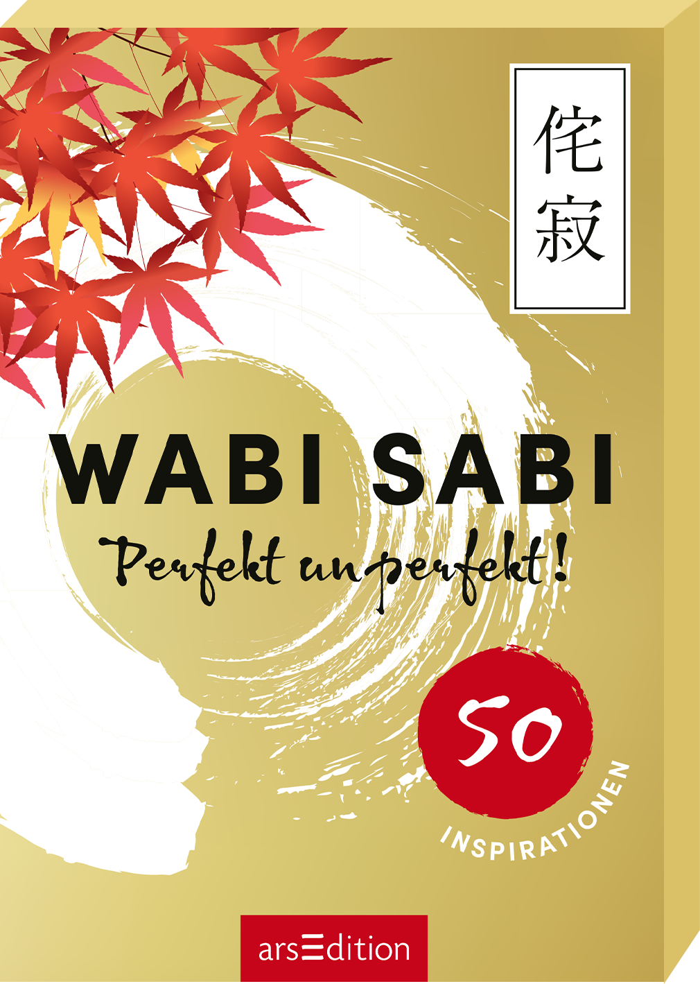 Das Buchcover zeigt einen goldenen Hintergrund mit einer dynamischen, weißen Pinselstrich-Gestaltung, die einen runden Schwung bildet. Oben rechts steht in eleganter Schrift ein asiatisches Zeichen. Der Titel „WABI SABI“ ist groß und in schwarzer Schrift mittig platziert, darunter folgt der Untertitel „Perfekt unperfekt!“ in einer etwas kleineren, ebenso schwarzen Schrift. Links oben sind rote Herbstblätter abgebildet. Ein roter SPIEGEL-Bestseller-Button mit der Zahl „50“ und dem...
