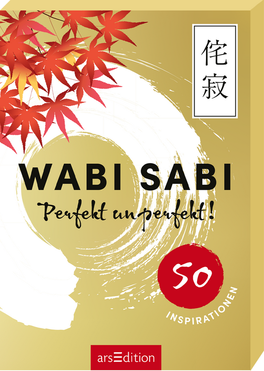 Das Buchcover zeigt einen goldenen Hintergrund mit einer dynamischen, weißen Pinselstrich-Gestaltung, die einen runden Schwung bildet. Oben rechts steht in eleganter Schrift ein asiatisches Zeichen. Der Titel „WABI SABI“ ist groß und in schwarzer Schrift mittig platziert, darunter folgt der Untertitel „Perfekt unperfekt!“ in einer etwas kleineren, ebenso schwarzen Schrift. Links oben sind rote Herbstblätter abgebildet. Ein roter SPIEGEL-Bestseller-Button mit der Zahl „50“ und dem...