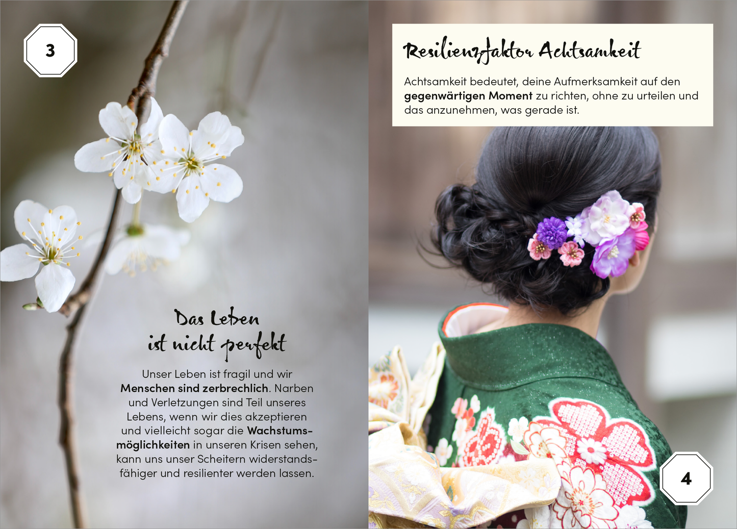 Gezeigt wird eine Innen- oder Zusatzansicht von „Kintsugi“. Die Seite enthält zarte Illustrationen von weißen Blüten, die symbolisch für Zerbrechlichkeit stehen, neben einem eleganten Textblock, der in einer geschwungenen Schriftart gehalten ist. Der Schriftzug „Das Leben ist nicht perfekt“ ist prominent platziert. Auf der gegenüberliegenden Seite sind die Haare einer Person zu sehen, geschmückt mit farbenfrohen Blumen. Der Hintergrund ist weich und neutral, wodurch die zentralen...