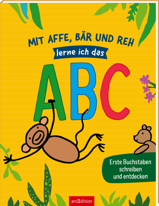 Das Buchcover ist bunt und spielerisch gestaltet, mit einem gelben Hintergrund. Im Zentrum steht der Titel „Mit Affe, Bär und Reh lerne ich das ABC“ in kräftigen, bunten Buchstaben (A in Rot, B in Blau, C in Grün). Darunter befindet sich der Untertitel „Erste Buchstaben schreiben und entdecken“ in kleinerer Schrift. Ein fröhlicher Affe und ein Bär sind unten abgebildet und wirken einladend. Ganz oben in Blau steht der Prägedruck „lerne ich das“. Rechts unten ist ein...