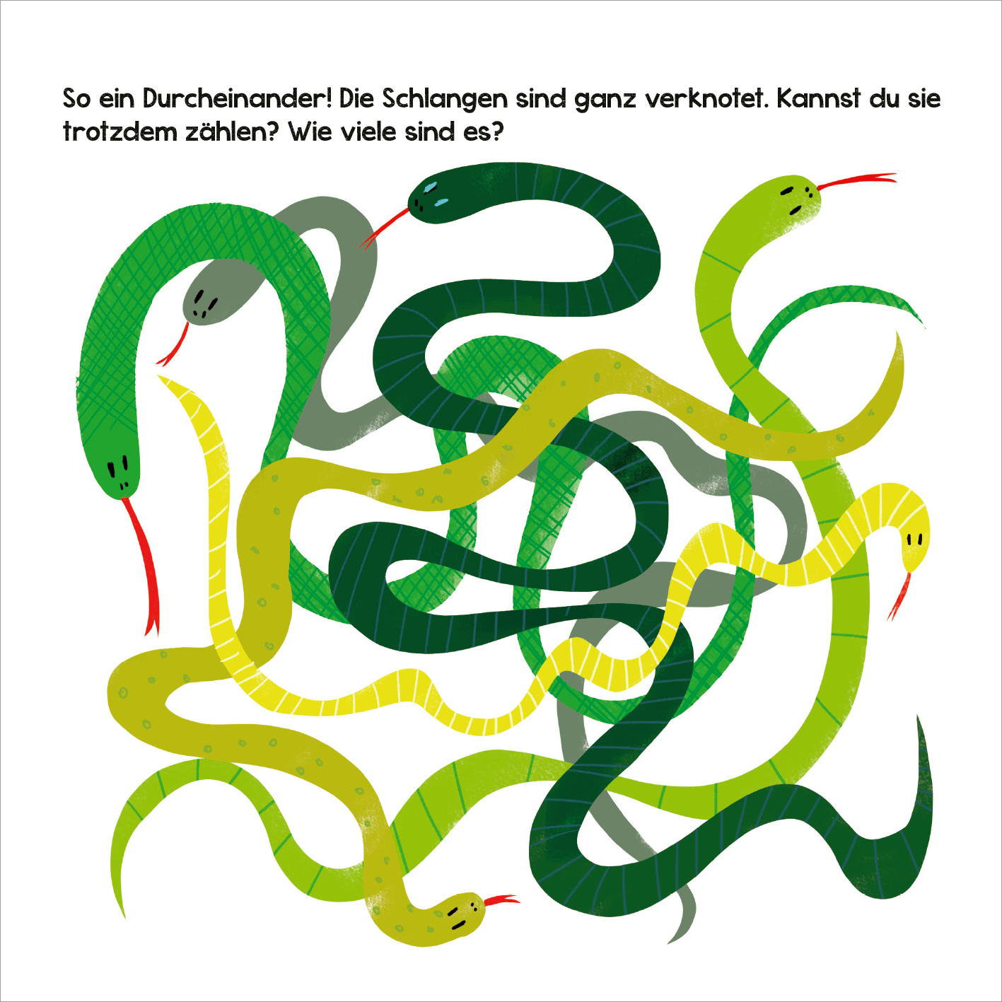 Gezeigt wird eine Innen- oder Zusatzansicht von „Mein dicker Schulanfangs-Block“. Die Illustration zeigt mehrere ineinander verschlungene Schlangen in verschiedenen Grüntönen und Gelb, die lebhaft und cartoonhaft dargestellt sind. Auf der oberen Seite steht in einem fröhlichen, leicht verspielten Font der Satz: „So ein Durcheinander! Die Schlangen sind ganz verknotet. Kannst du sie trotzdem zählen? Wie viele sind es?“ Die Farben sind kräftig und ansprechend für Kinder gestaltet.