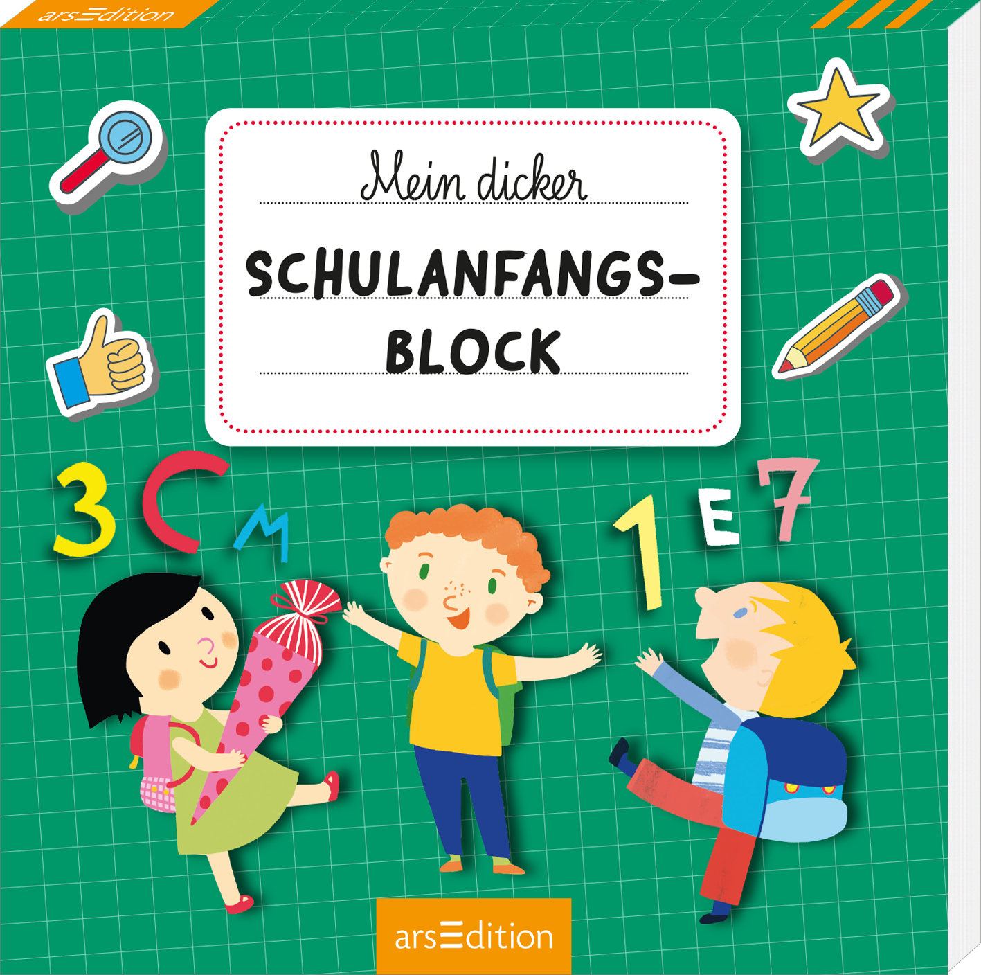 Das Buchcover zeigt einen grünen Hintergrund mit einem karierten Muster. In der Mitte prangt der Titel „Mein dicker SCHULANFANGS-BLOCK“ in einer verspielten Schriftart. Zu sehen sind drei fröhliche Kinder, die begeistert mit Schulutensilien interagieren: Ein Mädchen hält ein Geschenk, ein Junge in gelbem T-Shirt zeigt mit der Hand nach oben, und ein weiteres Kind in blauer Jacke streckt die Arme aus. In einer Ecke ist der Hinweis „SPIEGEL-Bestseller“ als Button sichtbar. Ganz unten...