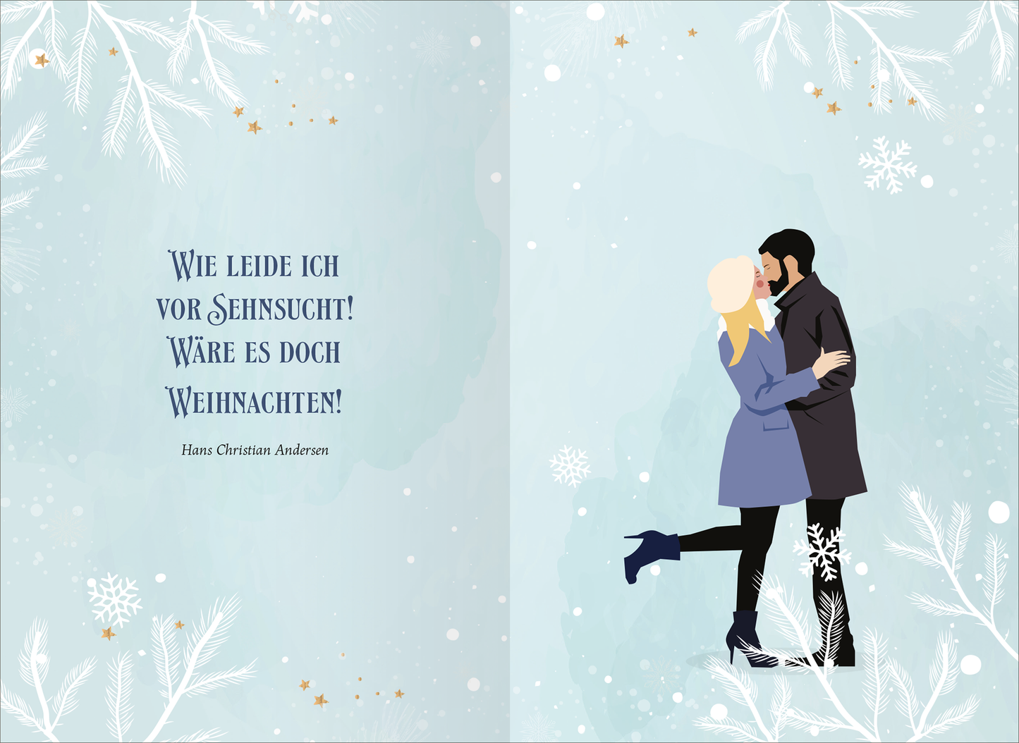Gezeigt wird eine Innen- oder Zusatzansicht von „Geschichten unter dem Mistelzweig“. Die Seite zeigt eine winterliche Illustration mit fliederfarbenem Hintergrund und weißen, goldenen und silbernen Schneeflocken. Im Mittelpunkt stehen ein Pärchen, das sich umarmt, beide in winterlicher Kleidung. Links befindet sich der Text „Wie leide ich vor Sehnsucht! Wäre es doch Weihnachten!“ in geschwungener, blauer Schrift. Die Szene strahlt eine romantische, festliche Atmosphäre aus.