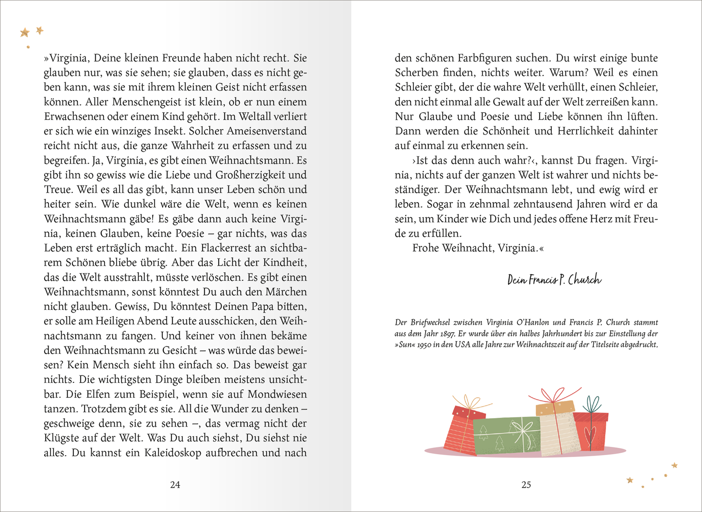 Gezeigt wird eine Innen- oder Zusatzansicht von „Geschichten unter dem Mistelzweig“. Die Seiten sind in sanften Pastellfarben gehalten, die dem weihnachtlichen Thema entsprechen. Der Text ist in einer gut lesbaren, traditionell anmutenden Serifenschrift gesetzt, was zur festlichen Atmosphäre beiträgt. Illustrationen von Geschenken und Sternen ergänzen den Text und verleihen der Seite eine einladende, fröhliche Stimmung. Der Abstand zwischen den Zeilen sorgt für eine klare Lesbarkeit.