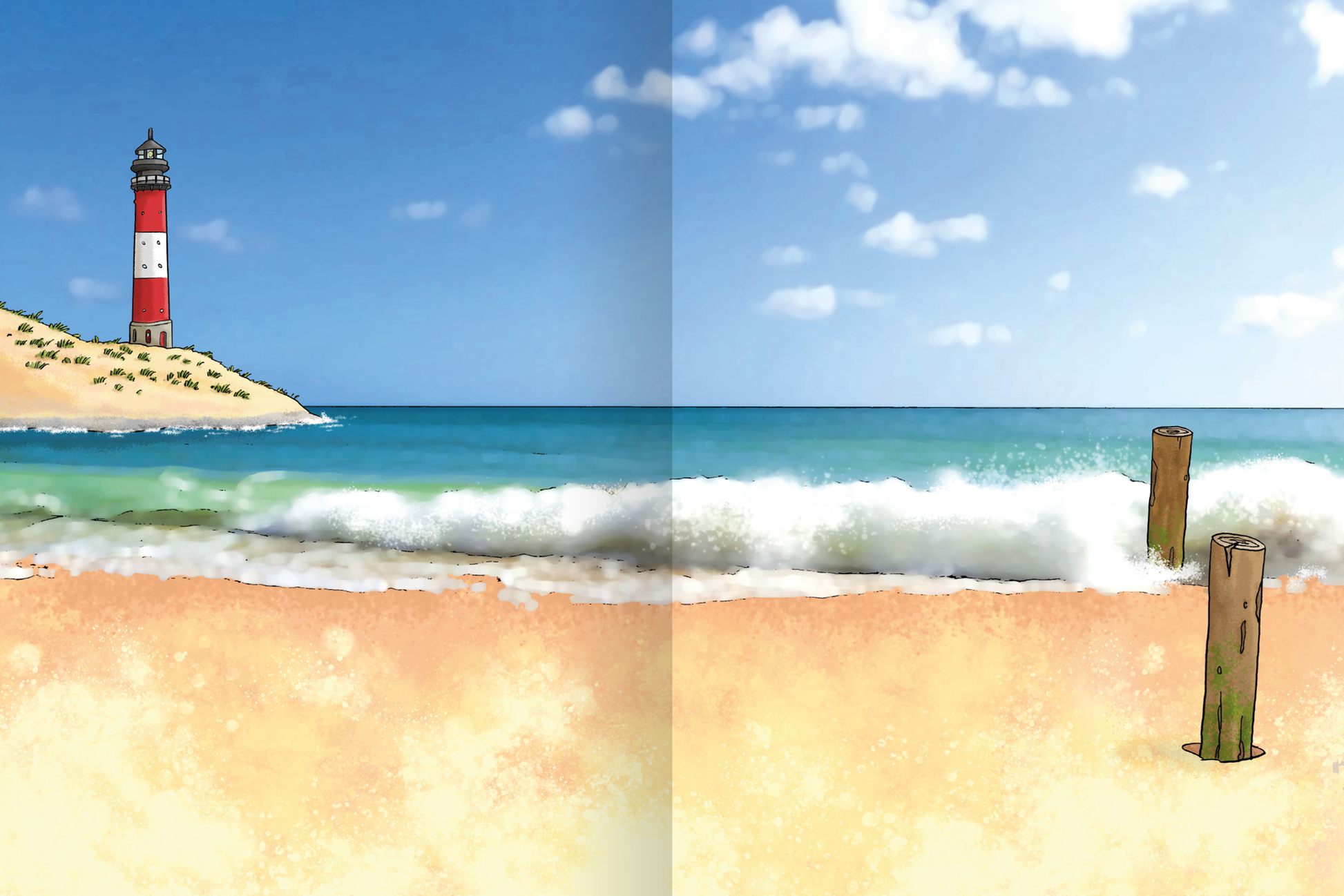 Gezeigt wird eine Innen- oder Zusatzansicht von „Erstes Stickern – Im Sommer“. Die Illustration zeigt einen malerischen Strand mit feinem, hellbeigem Sand und sanften Wellen, die ans Ufer rollen. Im Hintergrund ist ein rot-weiß gestreifter Leuchtturm zu sehen, der sich vor einem klaren blauen Himmel mit einigen weißen Wolken abhebt. Die farbenfrohe, kindgerechte Gestaltung sowie die lockere Typografie vermitteln eine fröhliche Sommeratmosphäre.