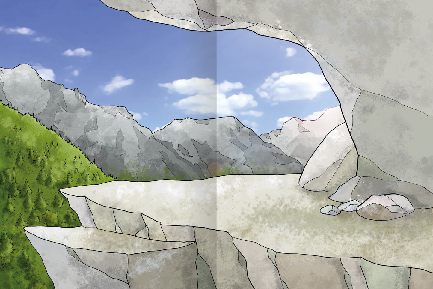 Gezeigt wird eine Innen- oder Zusatzansicht von „Erstes Stickern – Im Sommer“. Die Illustration zeigt eine Felslandschaft mit imposanten, grünen Bergen im Hintergrund und einem klaren blauen Himmel, der von weißen Wolken durchzogen ist. Die Szenen wirken weich und einladend, mit sanften Farbtönen, die eine sommerliche Atmosphäre vermitteln. Die Typografie ist verspielt und kindgerecht, was die Fröhlichkeit des Themas unterstreicht.