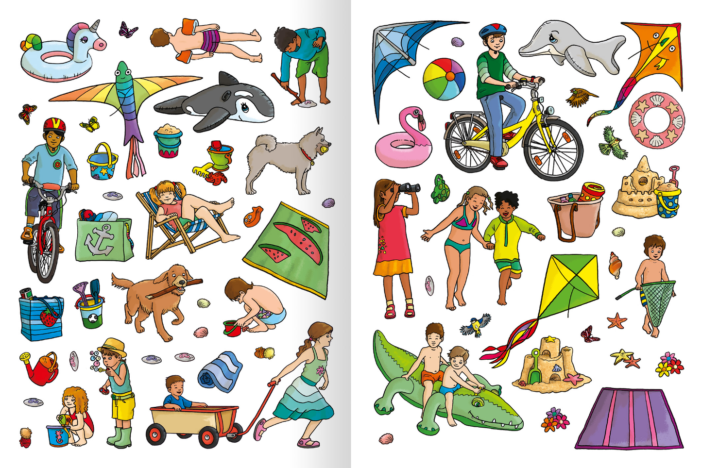 Gezeigt wird eine Innen- oder Zusatzansicht von „Erstes Stickern – Im Sommer“. Die farbenfrohe Darstellung enthält verschiedene sommerliche Motive wie Schwimmer, Fahrräder und Tiere. Auf der linken Seite sind Kinder beim Spielen am Strand zu sehen, umgeben von Badeutensilien und Spielsachen. Die rechten Seite zeigt kites und Freizeitaktivitäten. Die Illustrationen sind klar und einladend, mit einer spielerischen Typografie, die die Sommeratmosphäre unterstreicht.