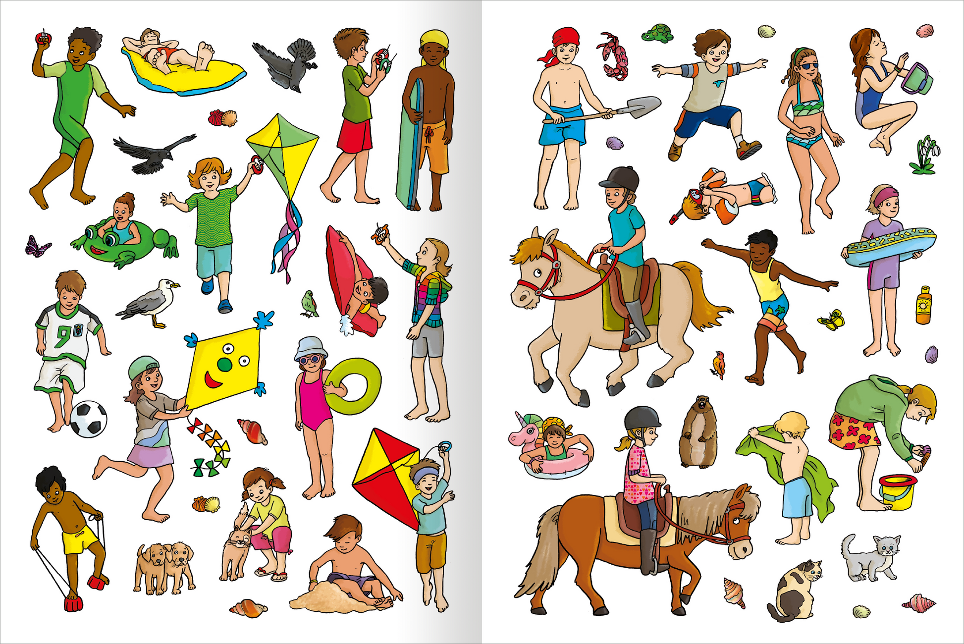 Gezeigt wird eine Innen- oder Zusatzansicht von „Erstes Stickern – Im Sommer“. Die Seite zeigt zahlreiche farbenfrohe Illustrationen von Kindern und Tieren, die Sommeraktivitäten genießen. Dominierende Farben sind lebhaftes Grün, Blau, Gelb und Rot. Die Typografie ist verspielt und altersgerecht gestaltet. Zu sehen sind Motive wie ein Junge mit einem Drachen, Kinder am Strand, sowie Tiere wie Hunde und Pferde, die fröhliche Szenen darstellen.