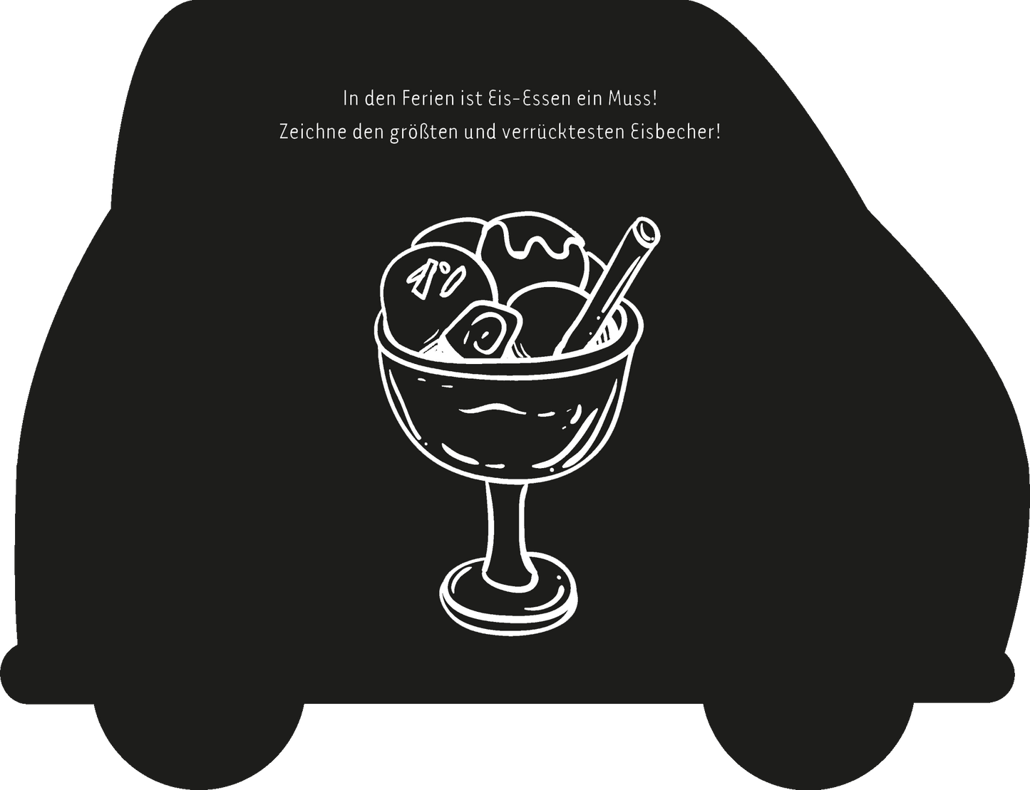 Gezeigt wird eine Innen- oder Zusatzansicht von „Mein Kritzkratz-Bus für unterwegs“. Die Illustration zeigt ein großes Eisbecher-Glas mit verschiedenen Eiskugeln und einem Löffel, alles in einer einfachen, weißen Strichzeichnung auf schwarzem Hintergrund. Darüber steht in klarer, weißer Schrift der Einladungstext: „In den Ferien ist Eis-Essen ein Muss! Zeichne den größten und verrücktesten Eisbecher!“ Die Schrift ist freundlich und gut lesbar, wodurch die Aufforderung zum...