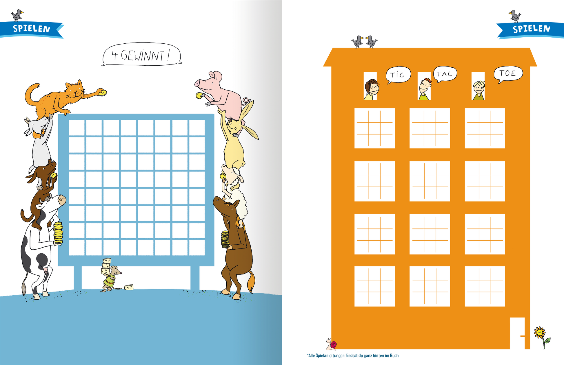 Gezeigt wird eine Innen- oder Zusatzansicht von „Das ultimative Ferien-Mitmachbuch“. Auf der linken Seite befindet sich ein Spielbrett für „4 Gewinnt!“ in einem hellen blau, umgeben von bunten Tieren, die aufeinander stehen. Rechts zeigt eine orangefarbene Wand das Spiel „Tic Tac Toe“ mit gezeichneten Strichmännchen und einem klaren Rastersystem. Die fröhliche Schriftart und die lebhaften Farben schaffen eine ansprechende und einladende Atmosphäre für Kinder.