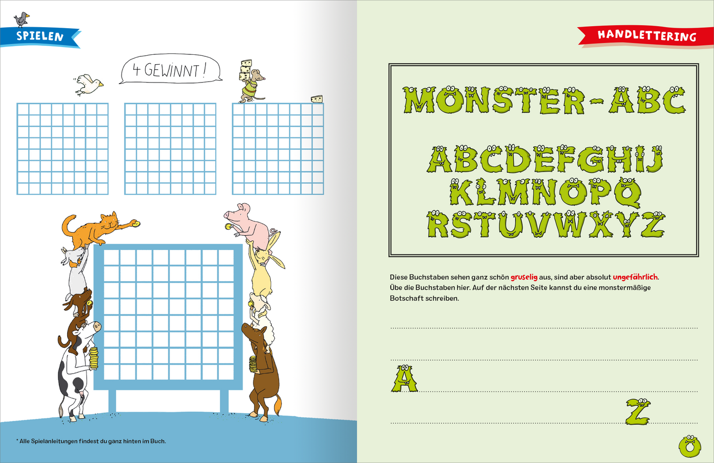 Gezeigt wird eine Innen- oder Zusatzansicht von „Das ultimative Ferien-Mitmachbuch“. Auf der linken Seite befinden sich vier große Raster, die zum Spielen einladen, mit der Überschrift „4 gewinnt!“. Rechts ist der Abschnitt „HANDLETTERING“ gestaltet, mit dem ABC in auffälligem Grün und monsterartig gestaltet. Der Hintergrund ist hell gehalten, wodurch die bunten Elemente und die große Typografie gut zur Geltung kommen.