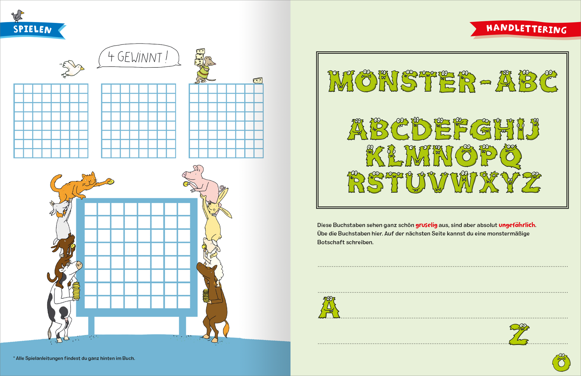 Gezeigt wird eine Innen- oder Zusatzansicht von „Das ultimative Ferien-Mitmachbuch“. Auf der linken Seite befinden sich vier große Raster, die zum Spielen einladen, mit der Überschrift „4 gewinnt!“. Rechts ist der Abschnitt „HANDLETTERING“ gestaltet, mit dem ABC in auffälligem Grün und monsterartig gestaltet. Der Hintergrund ist hell gehalten, wodurch die bunten Elemente und die große Typografie gut zur Geltung kommen.